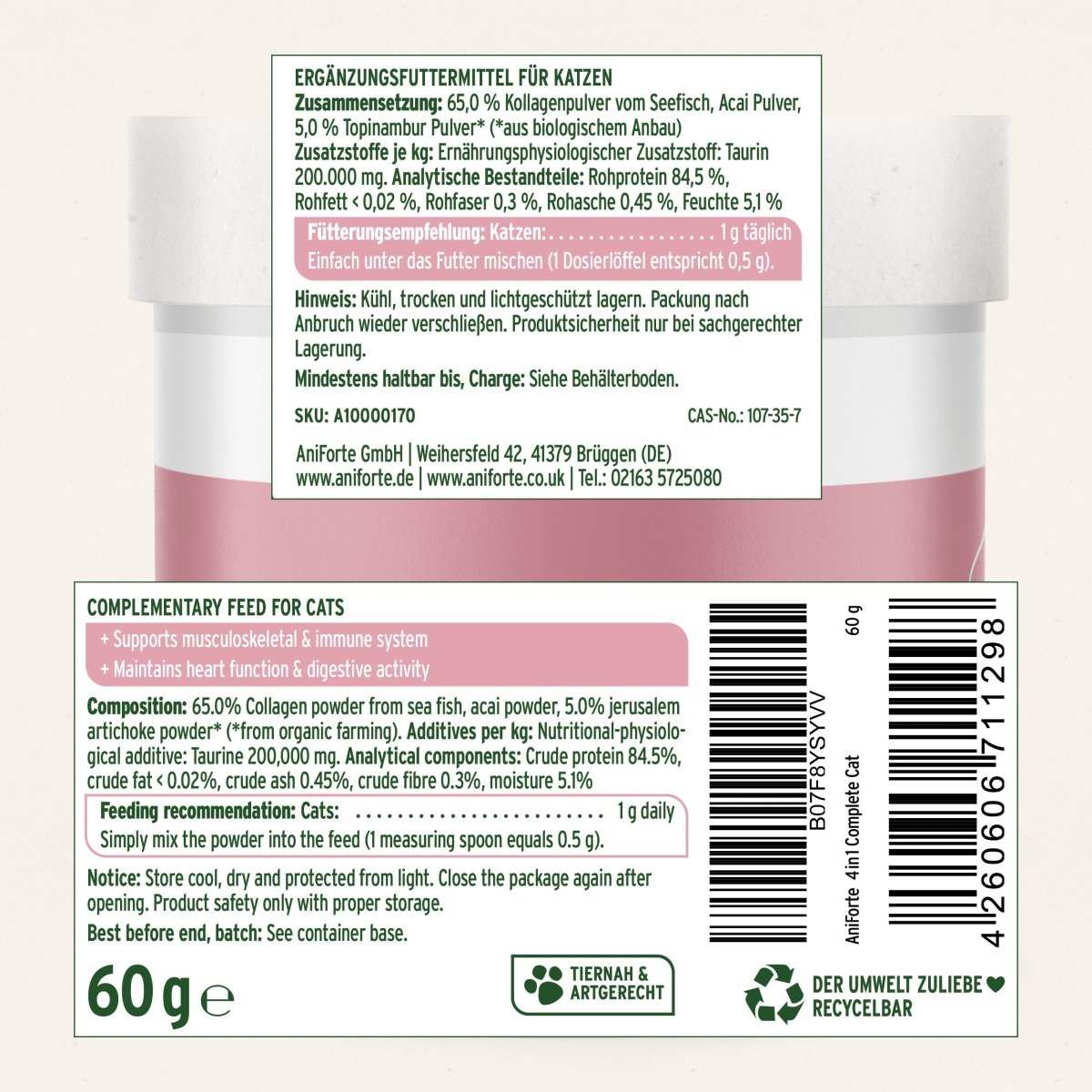 Ergänzungsfuttermittel für Katzen '4in1 Complete Cat'; Unterstützung Immunsystem, Gelenke, Magen-Darm-Tätigkeit.