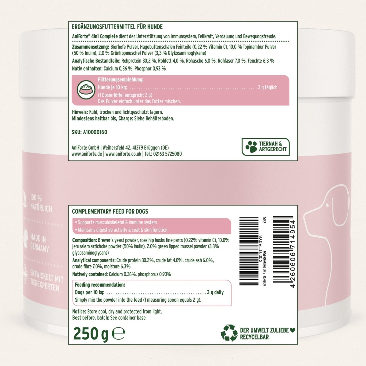 AniForte® 4in1 Complete Dog natürliche Ergänzung zur Stärkung von Immunsystem, Gelenken und Verdauung bei Hunden, 250 g Dose