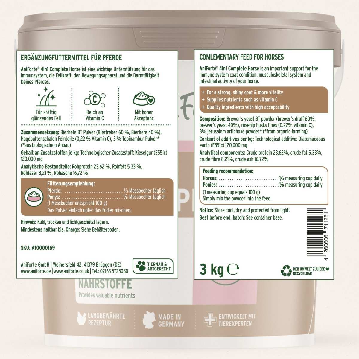 Produktetikett Ergänzungsfuttermittel 4in1 Complete Horse für Pferde, 3 kg Packung.