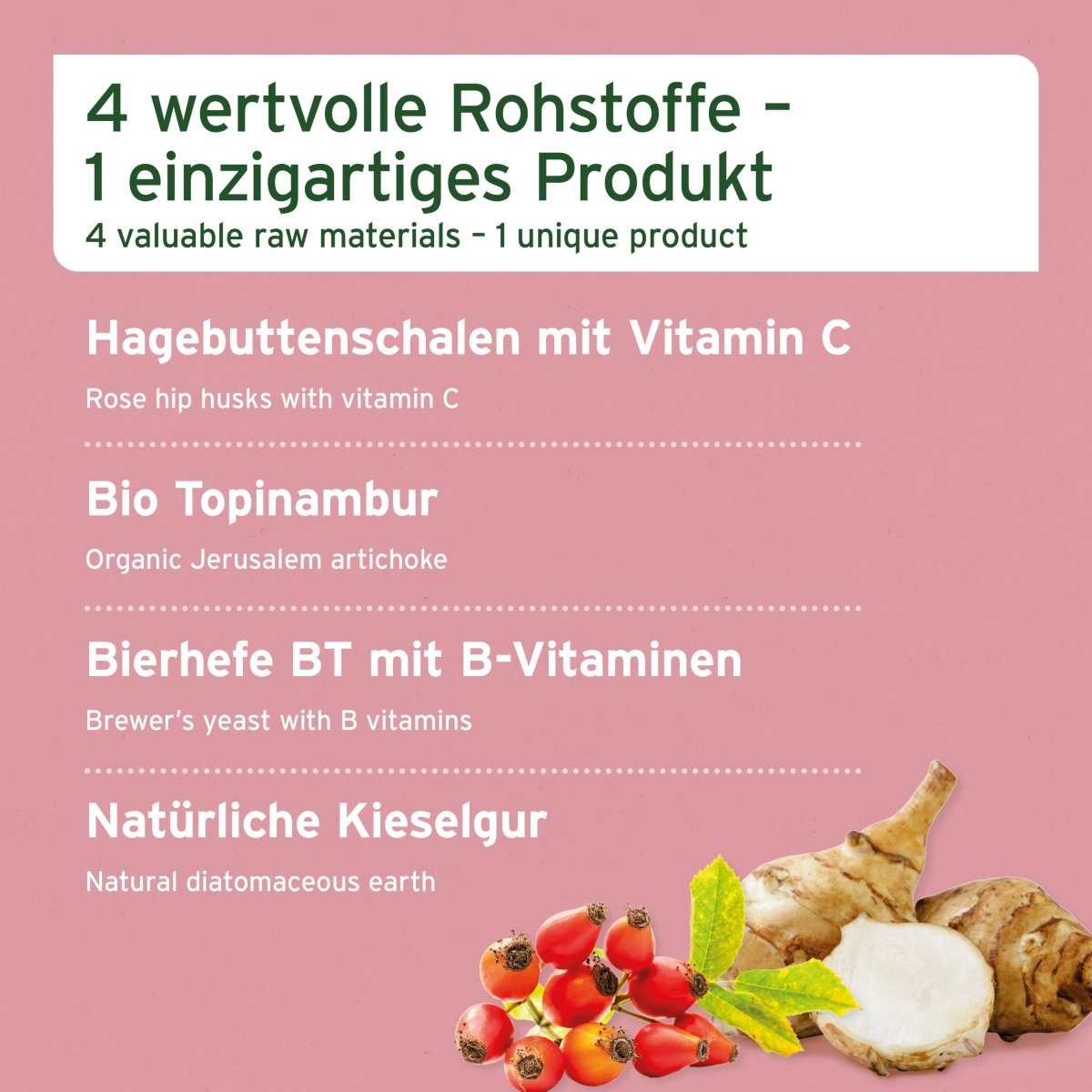 4in1 Complete Horse Nahrungsergänzung für Pferde mit Hagebuttenschalen, Bio-Topinambur, Bierhefe BT und Kieselgur, zur Unterstützung von Immunsystem und Darmgesundheit.