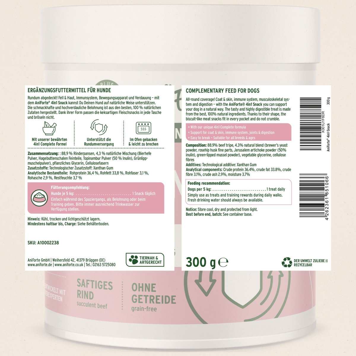 Etikett mit Inhaltsangabe AniForte 4in1-Snack für Hunde.