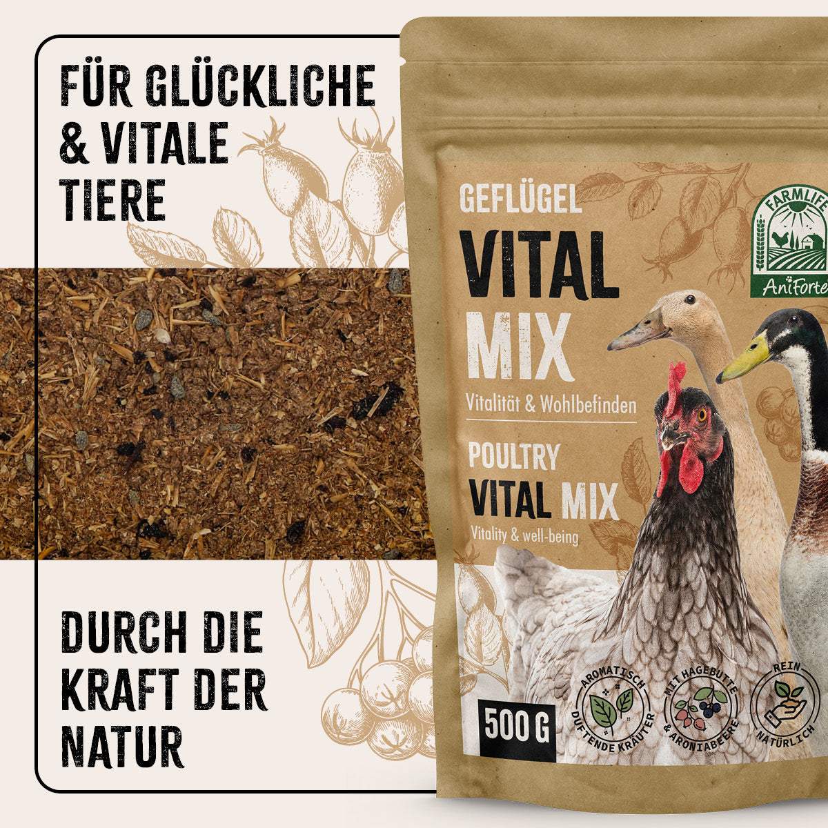 FarmLife Geflügel Vital Mix Pulver Verpackung mit Hühnerillustration und Text "Für glückliche & vitale Tiere", 500g.