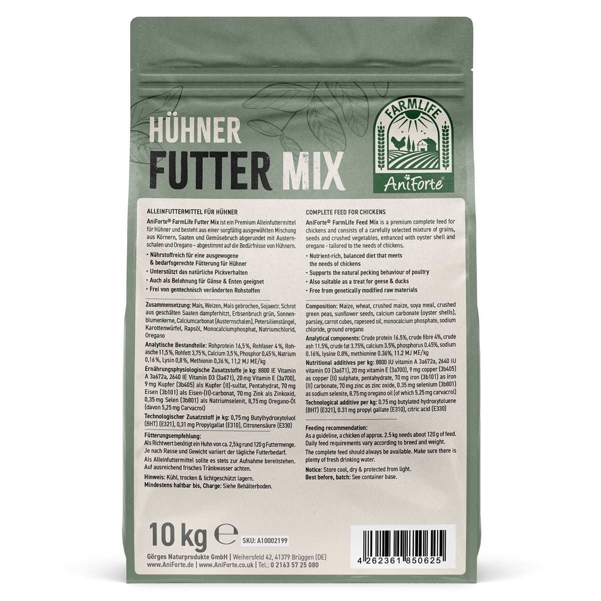 Produktverpackung des FarmLife Hühner Futter Mix mit Oregano, 10 kg, Premium Alleinfuttermittel für Hühner.