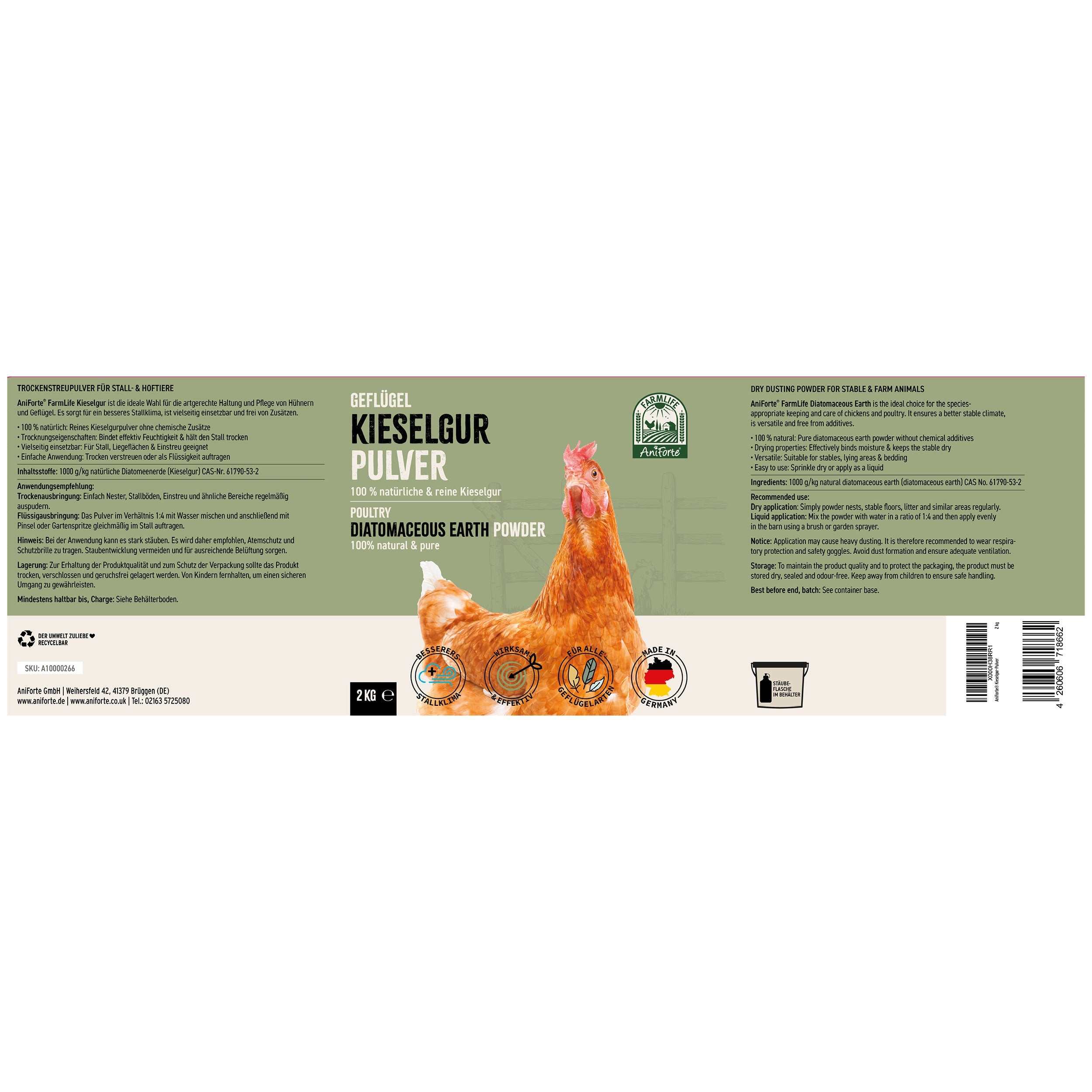 FarmLife Milben & Hygiene-Duo für Stallhygiene und Schutz gegen Hühnermilben, inklusive Kieselgur Pulver und Milben-Stop Spray, auf Produktverpackung.