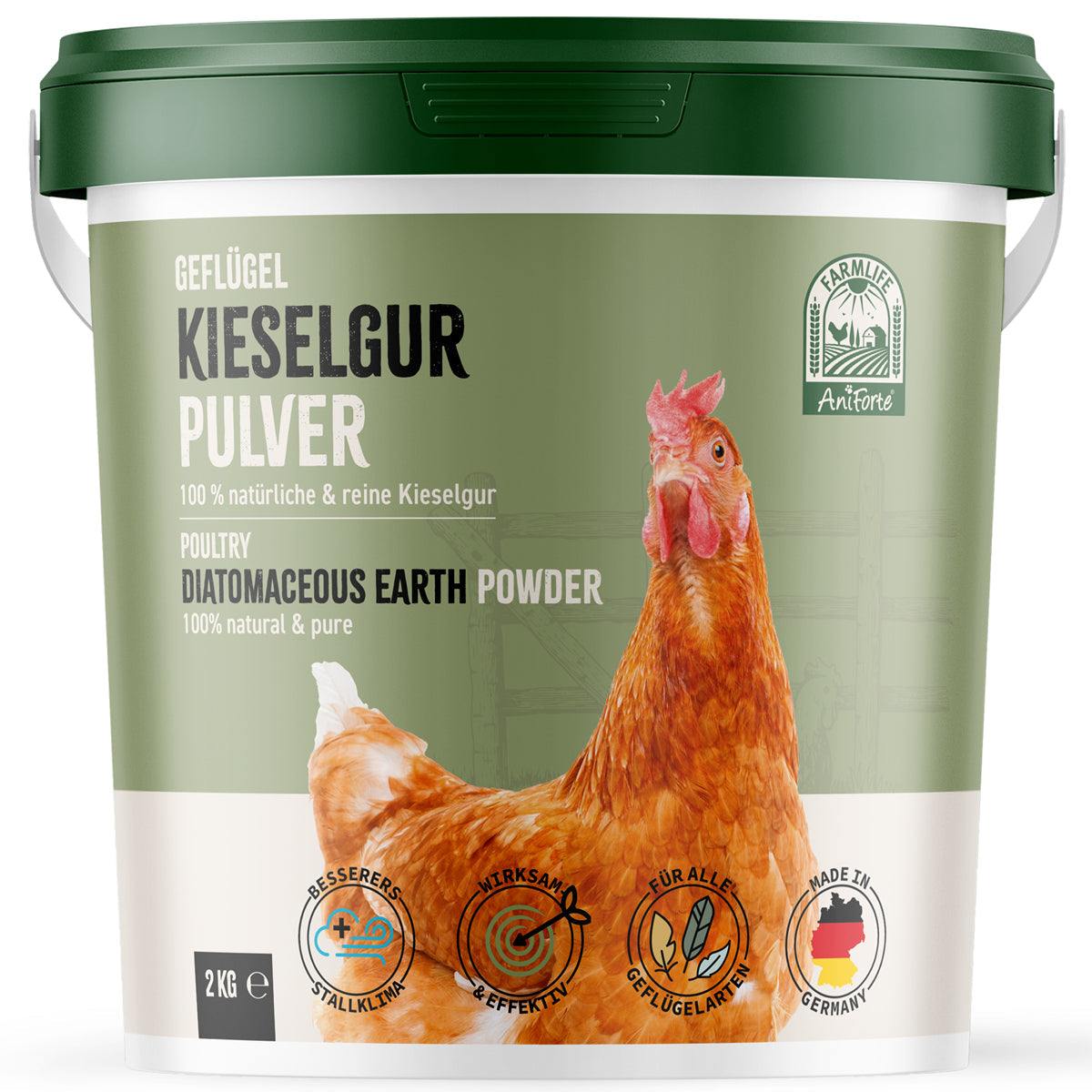 FarmLife Kieselgur Pulver für Hühner, 100% natürlich, Stallhygiene und Geflügelpflege.