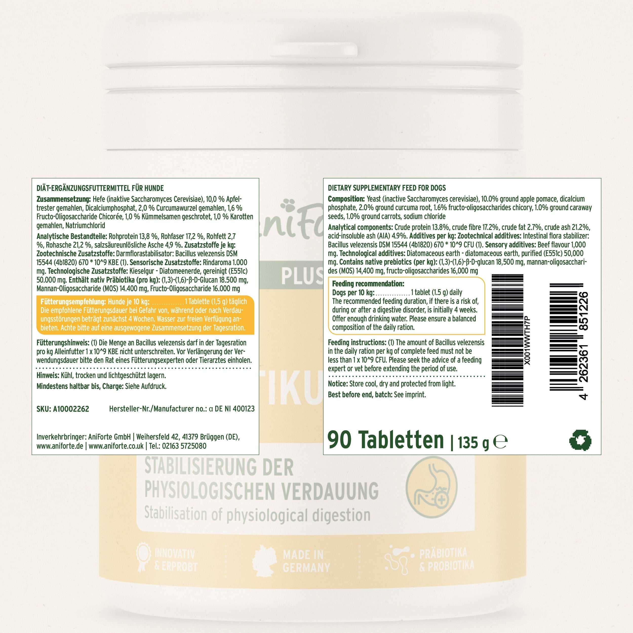 Inhaltsangabe AniForte® plus Probiotikum Tabs für Hunde, 90 Tabletten, Diätergänzungsfuttermittel zur Unterstützung der Darmgesundheit und des Immunsystems.