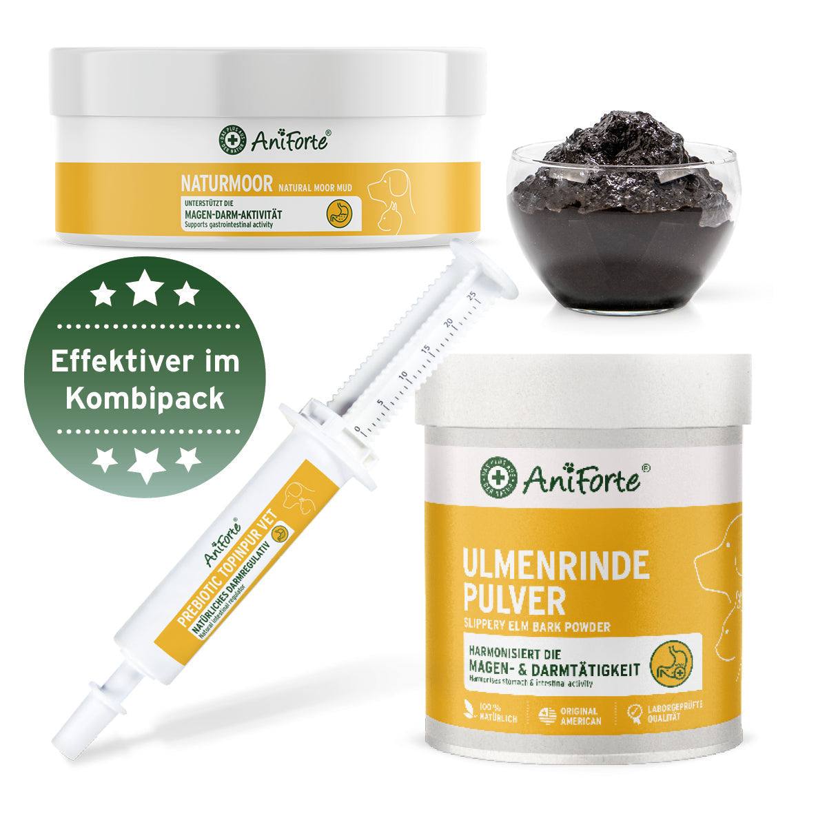 AniForte® Magen Darm Paket M for dogs, featuring Ulmenrinde Pulver, Naturmoor, and Prebiotic TopinPur VET for digestive health support.