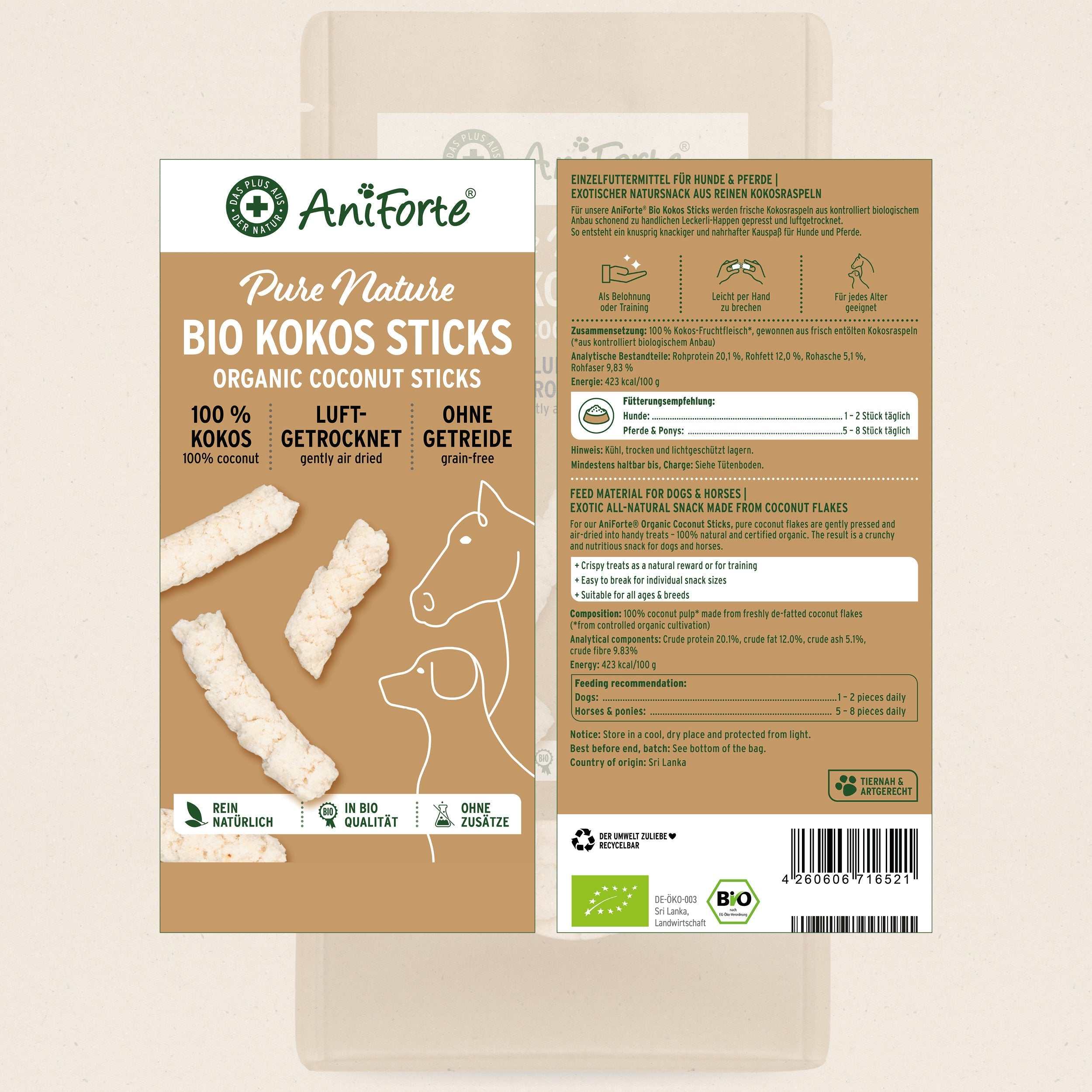 BIO Kokos-Sticks von AniForte für Hunde und Pferde aus 100 % Bio-Kokos-Fruchtfleisch in Bio-Qualität.