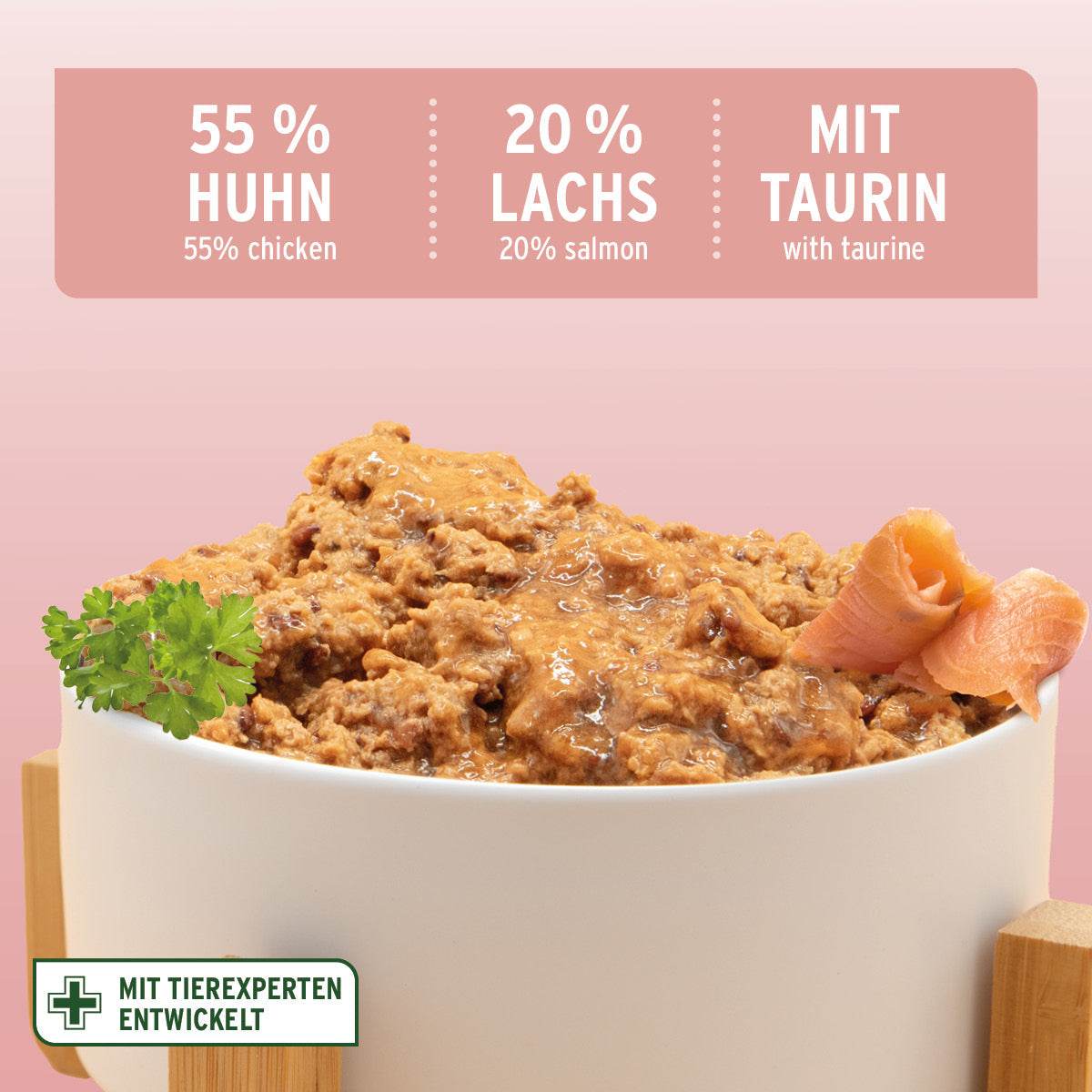 Nassfutter für Katzen mit 55 % Huhn, 20 % Lachs und Taurin, entwickelt mit Tierexperten.