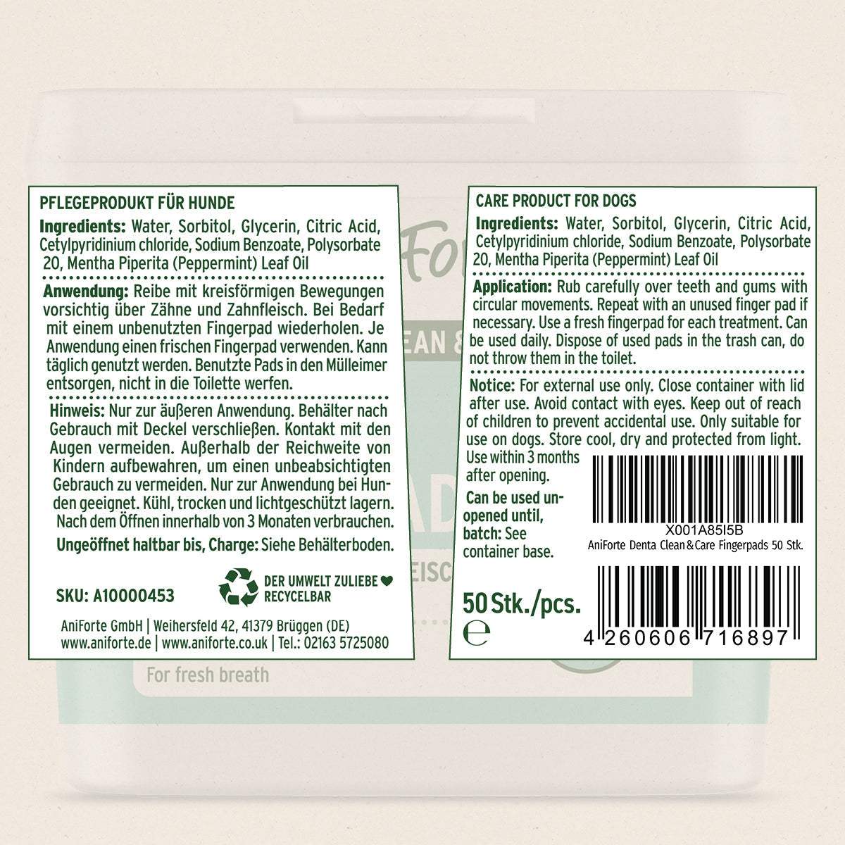 Natürliche Zahnpflege für Hunde mit Denta Clean & Care Dentalspray und Fingerpads im AniForte® Zahnpflege Set.