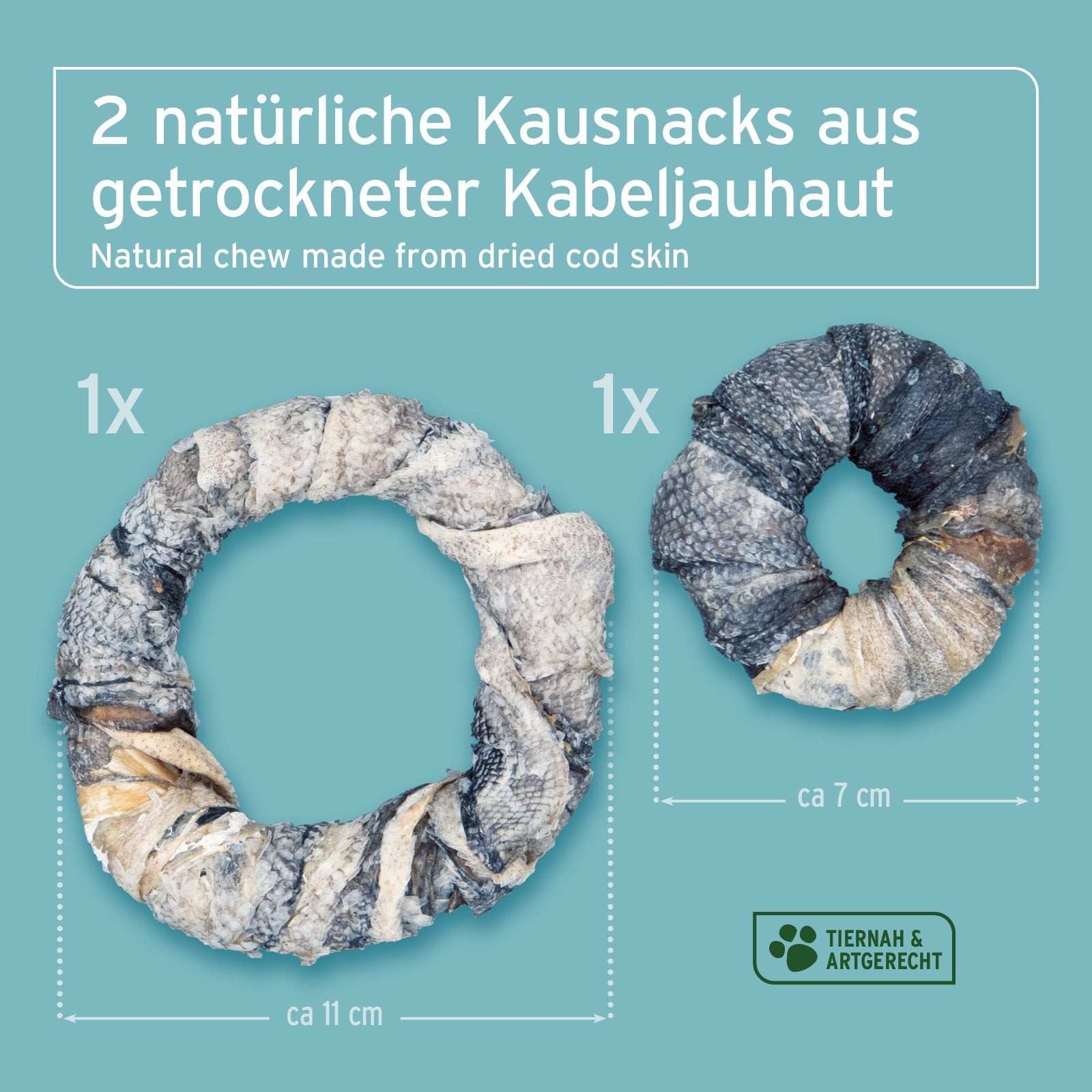 Fischhaut Donuts für Hunde aus getrockneter Kabeljauhaut, natürlicher Kausnack, ca. 11 cm und 7 cm groß, ohne Zusätze.