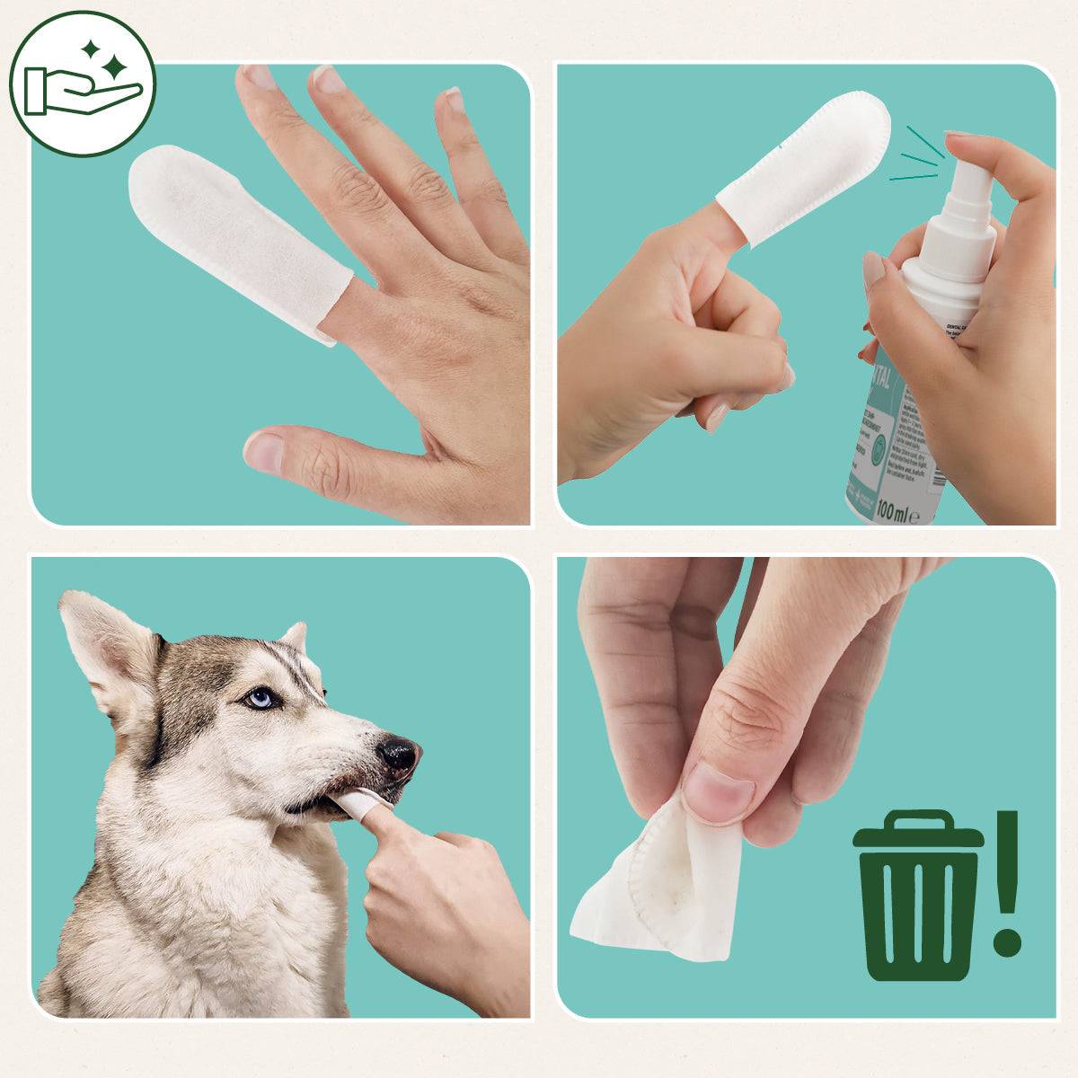 Zahnpflege Set für Hunde mit Fingerpads und Dentalspray zur einfachen Anwendung.