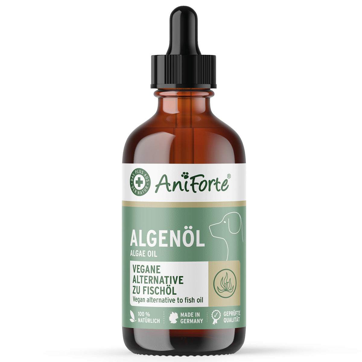 Algenöl für Hunde in umweltfreundlicher Glasflasche mit Pipette, vegane Omega-3-Quelle, geeignet für Tiere mit Fischallergie.