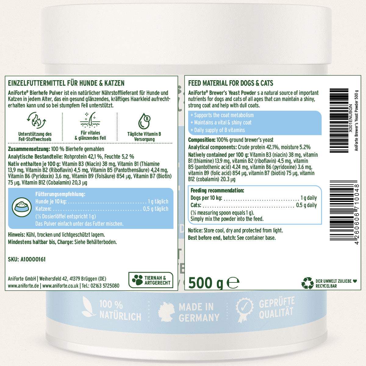 Etikett Bierhefe Pulver für Katzen und Hunde, 500 g Dose.