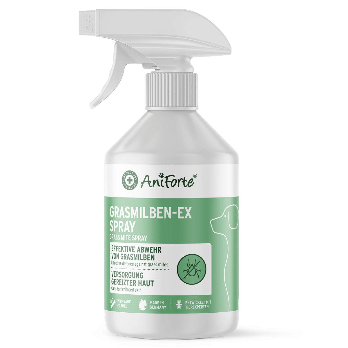 Grasmilben-EX Spray von AniForte, effektives Spray zur Abwehr von Grasmilben bei Hunden, pflegt gereizte Haut, basierend auf ätherischen Ölen und Geraniol.