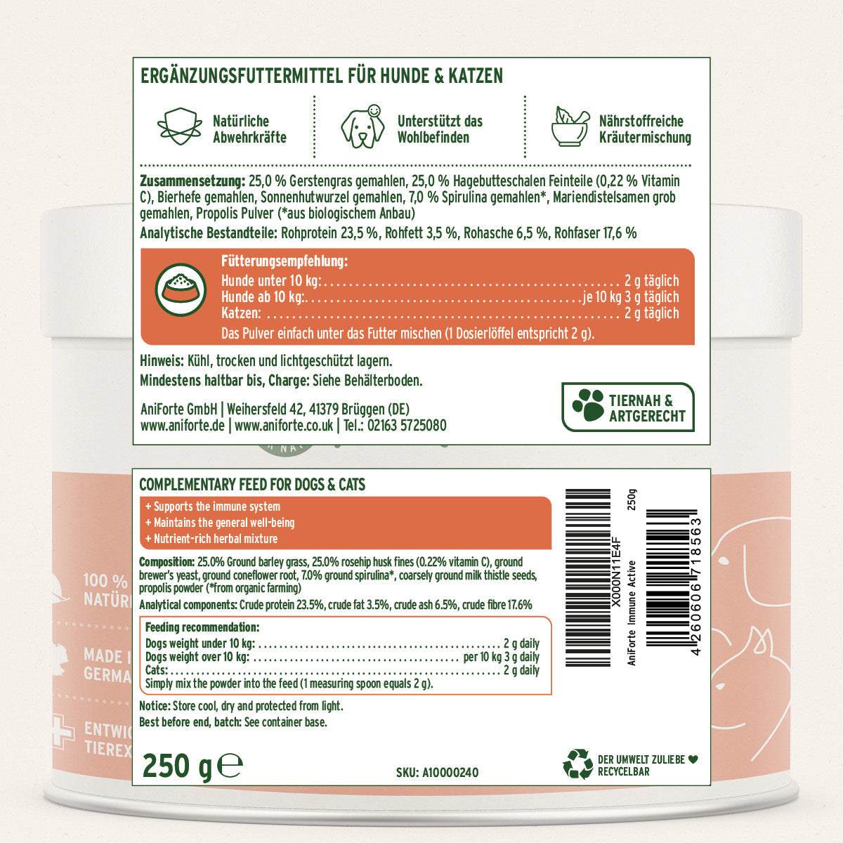 Etikett Immun-Fit Set für Hunde und Katzen zur natürlichen Stärkung der Abwehrkräfte.