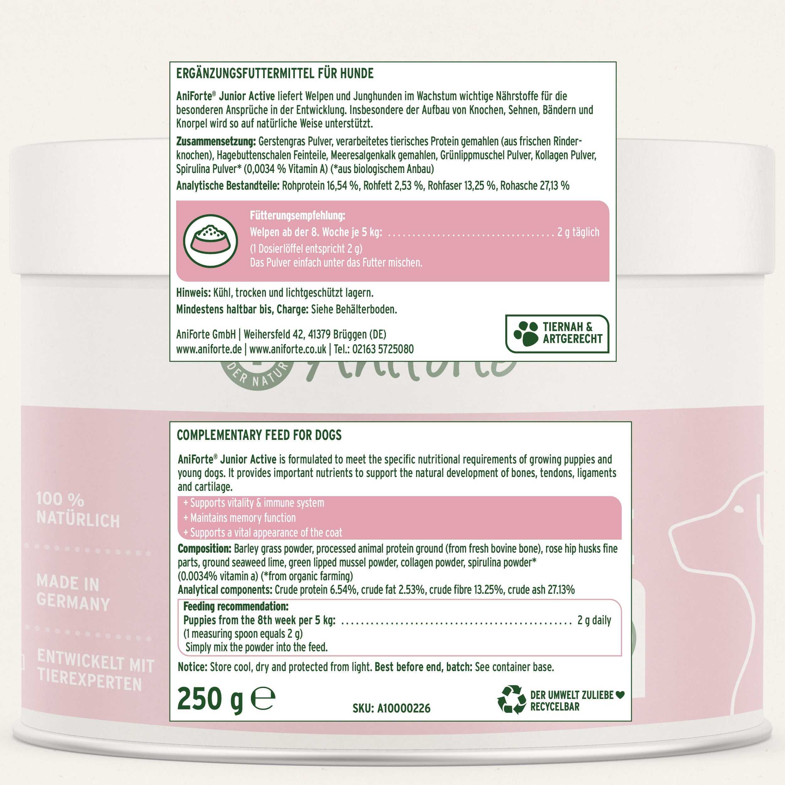 Etikett Junior Active Pulver für Welpen und Junghunde, unterstützt Knochen- und Sehnenentwicklung, Ergänzungsfuttermittel, 250g.