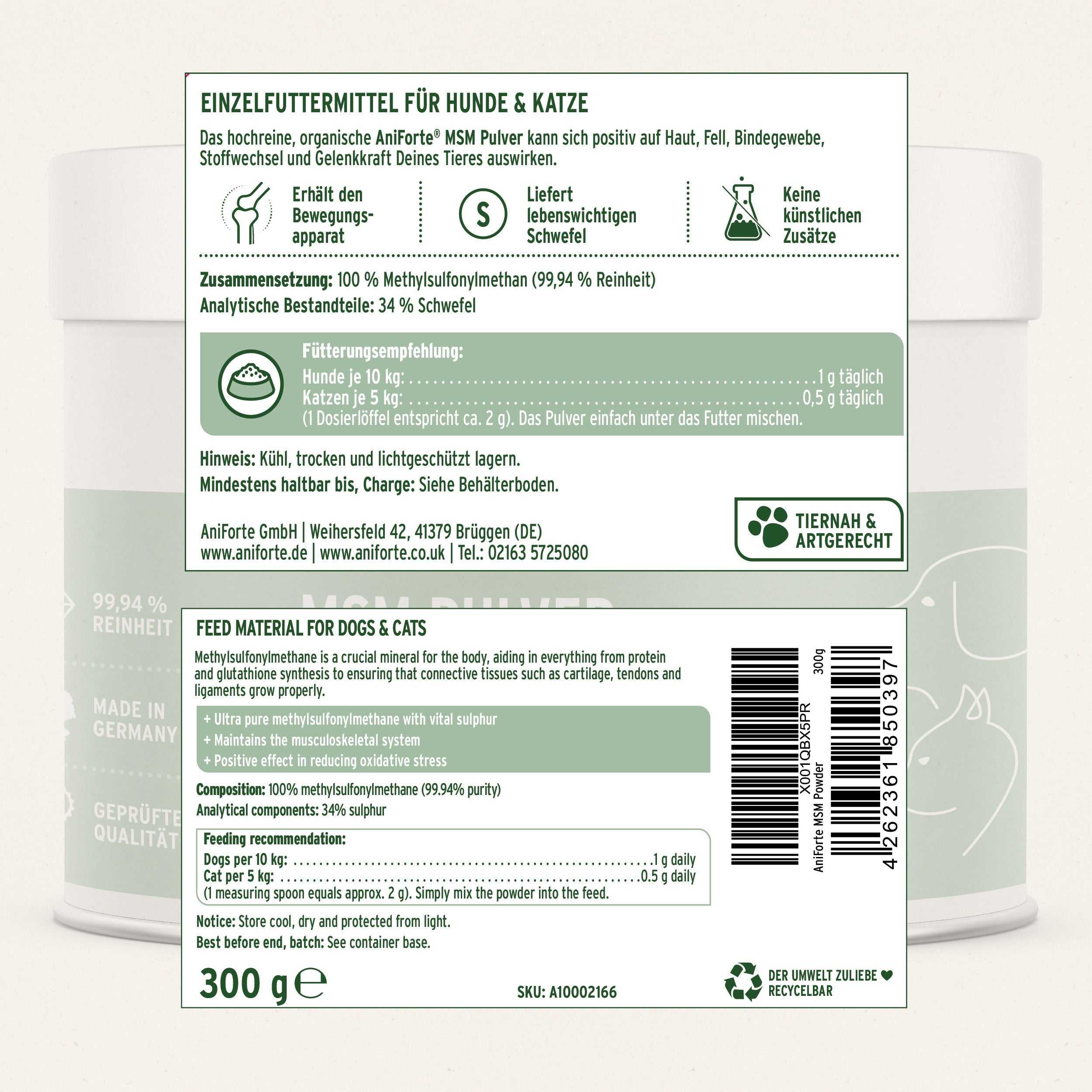 Etikett: MSM Pulver für Hunde & Katzen, AniForte® MSM Pulver in Dose, unterstützt Gelenke und Stoffwechsel, 100% Methylsulfonylmethan.