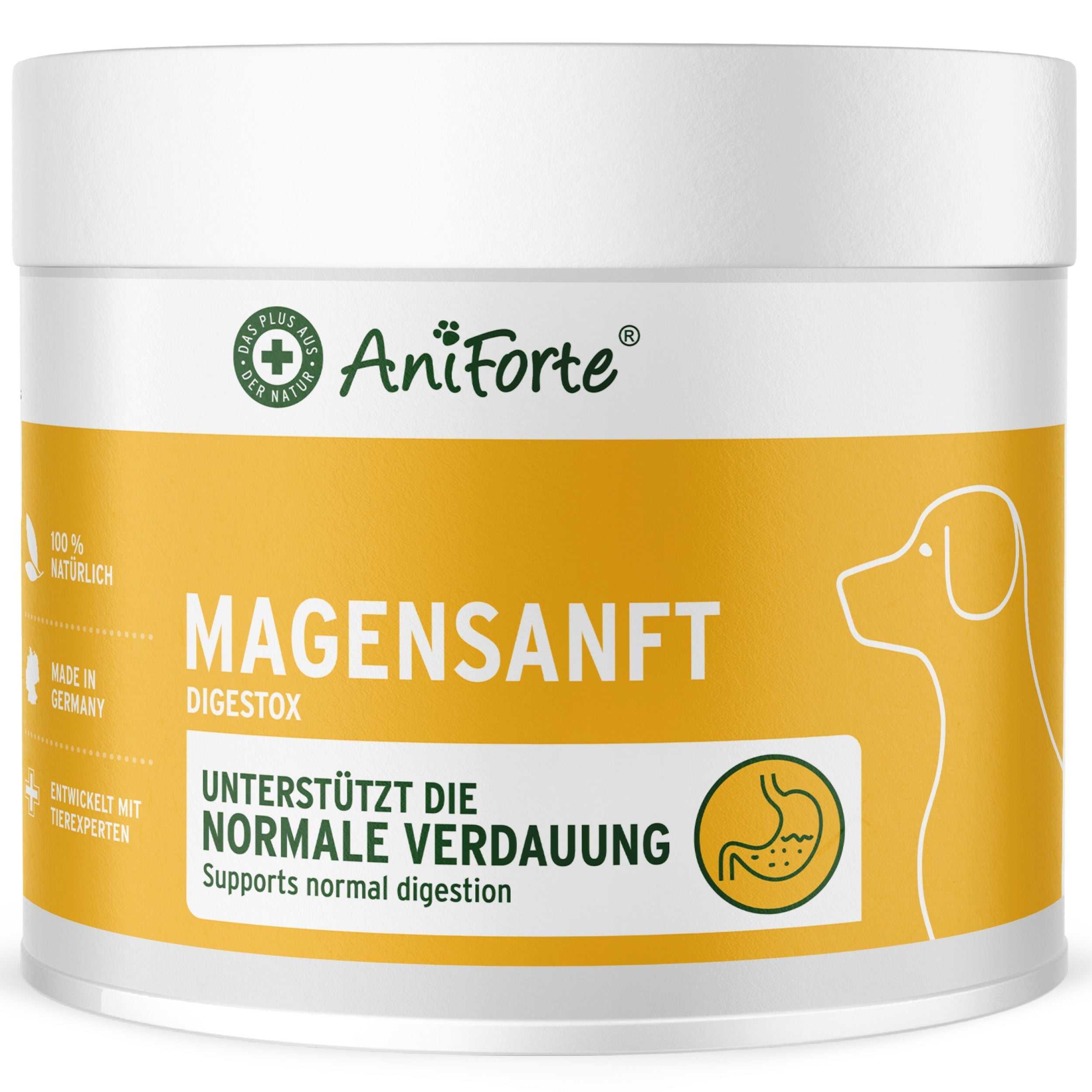 MagenSanft Magenpulver für Hunde, unterstützt Verdauung und Magen-Darmtätigkeit, natürliches Granulatpulver mit Tonmineralien und Kräutern.