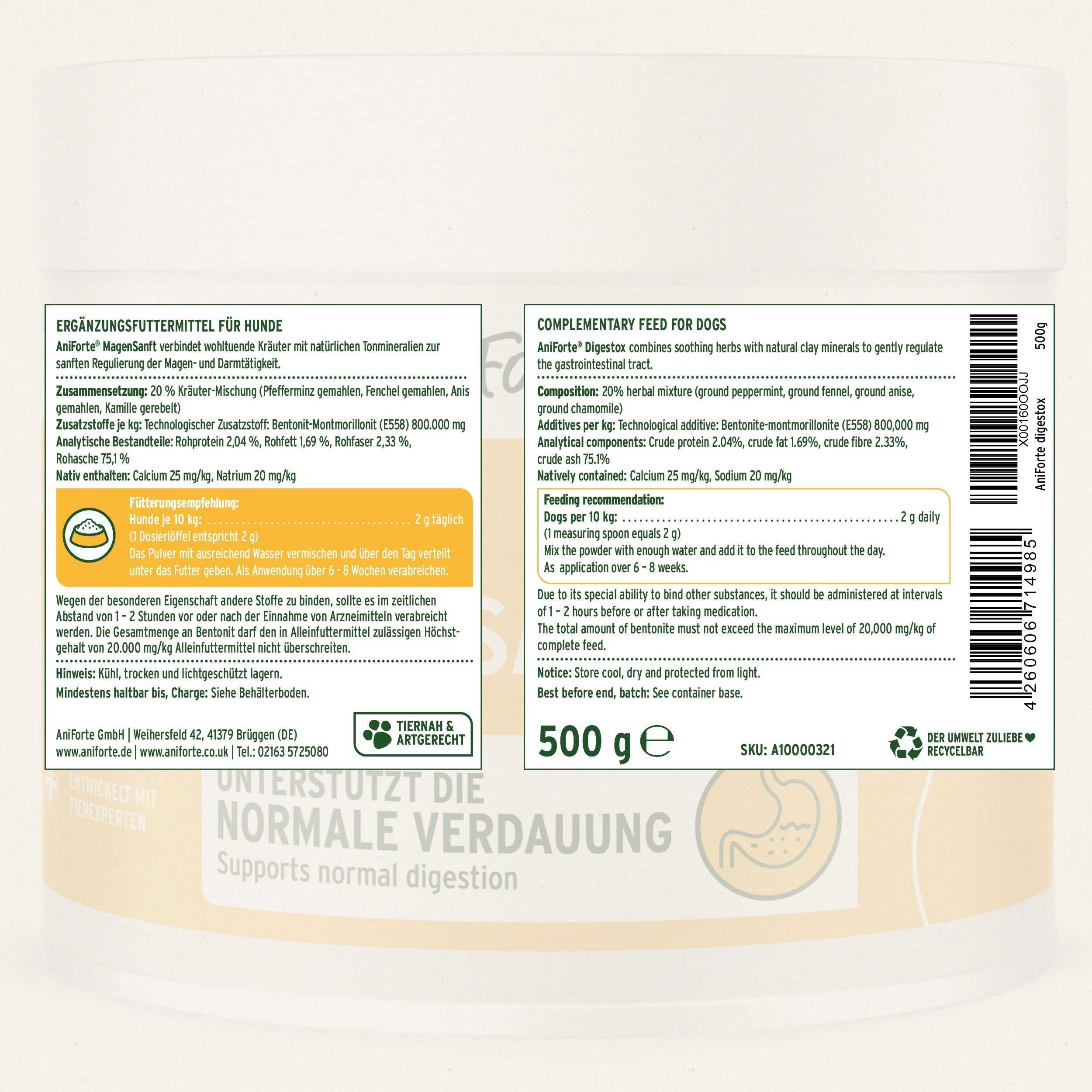 Etikett MagenSanft Magenpulver für Hunde, unterstützt Verdauung und Magen-Darmtätigkeit, Granulat aus natürlichen Tonmineralien und Kräutern, 500 g.