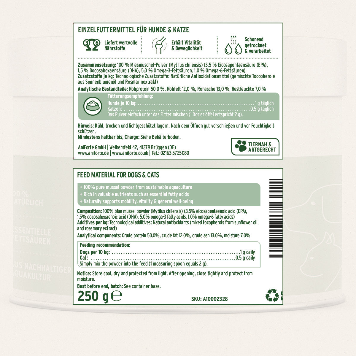 AniForte Muschelkraft Pulver aus Blauer Miesmuschel als natürliches Futtertopping für Hunde und Katzen