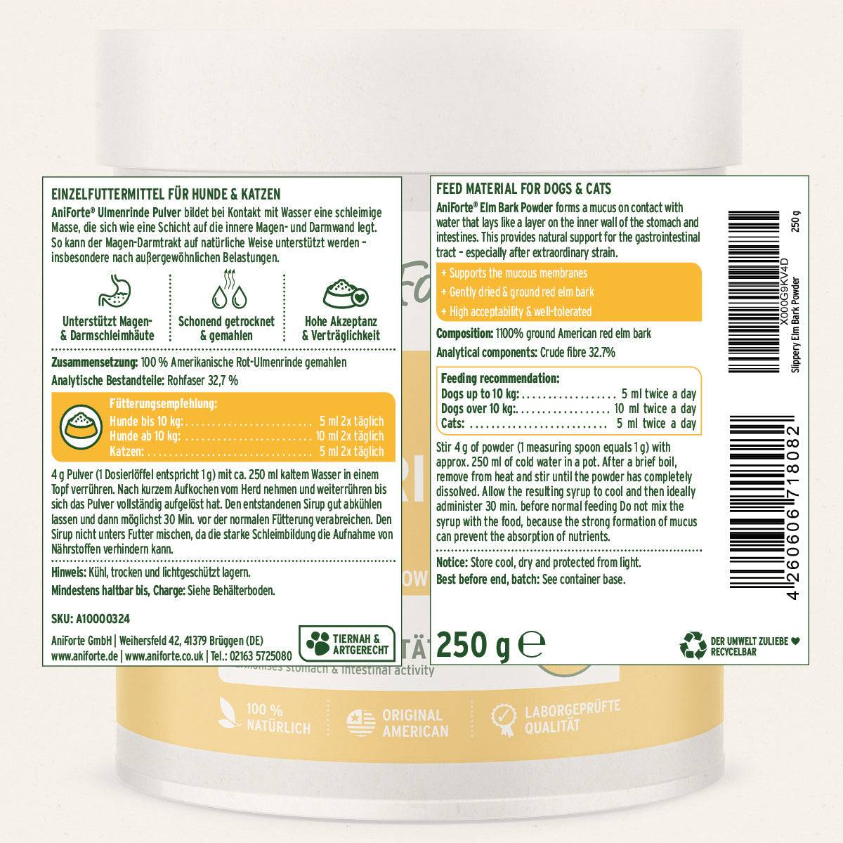 AniForte® Ulmenrinde Pulver 250g zur Unterstützung der Magen- und Darmtätigkeit bei Hunden und Katzen.