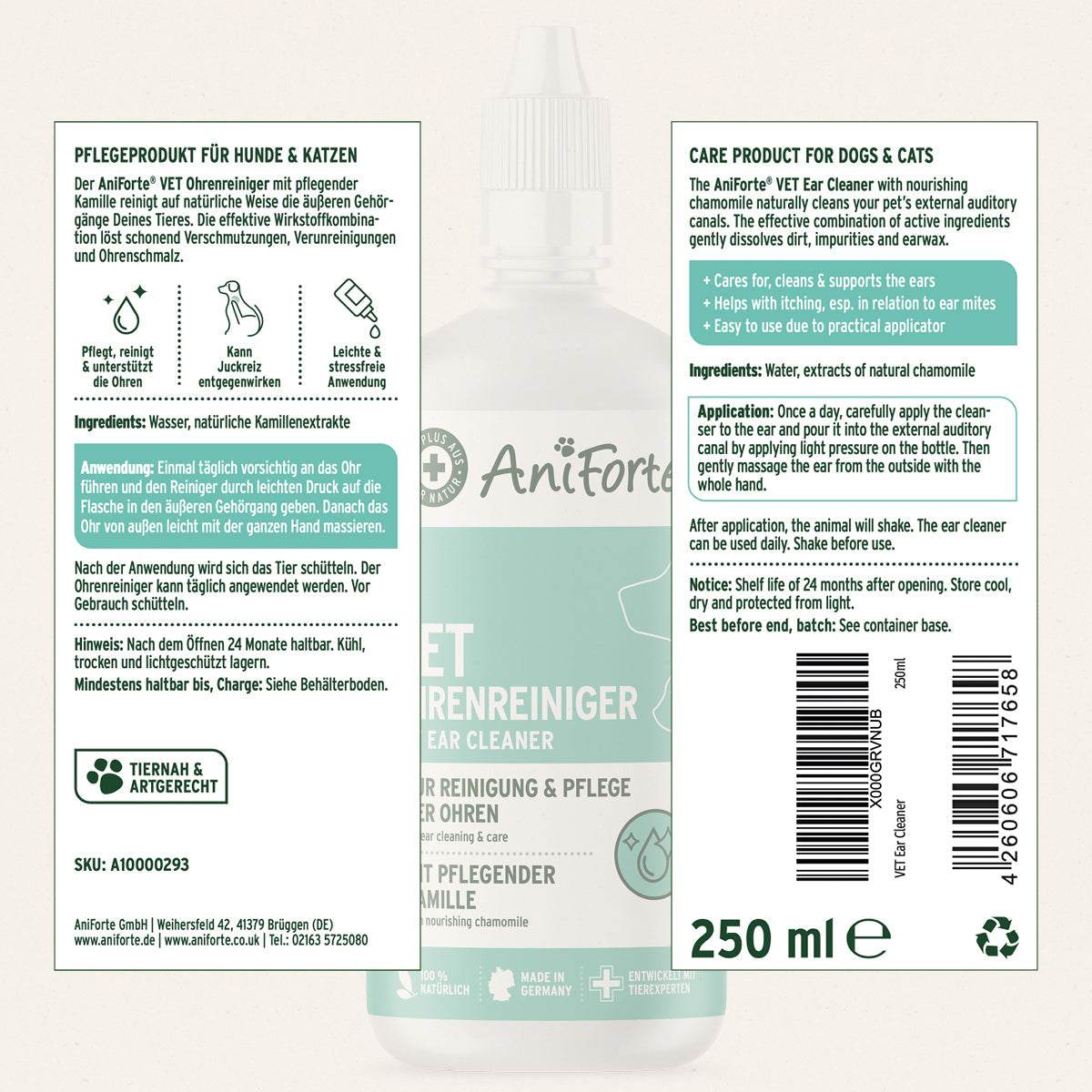 Kennenlernpaket für Hunde mit AniForte® VET Ohrenreiniger Kamille, 250 ml Flasche, natürlicher Pflegeprodukt für Hunde und Katzen.