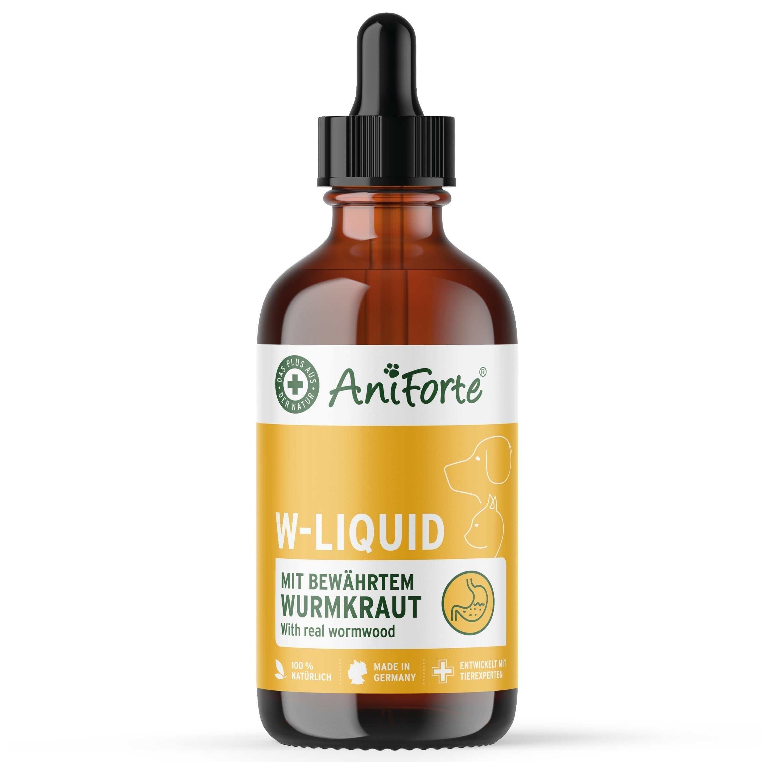 AniForte® W-Liquid for pets, natural digestive support with herbal extracts.