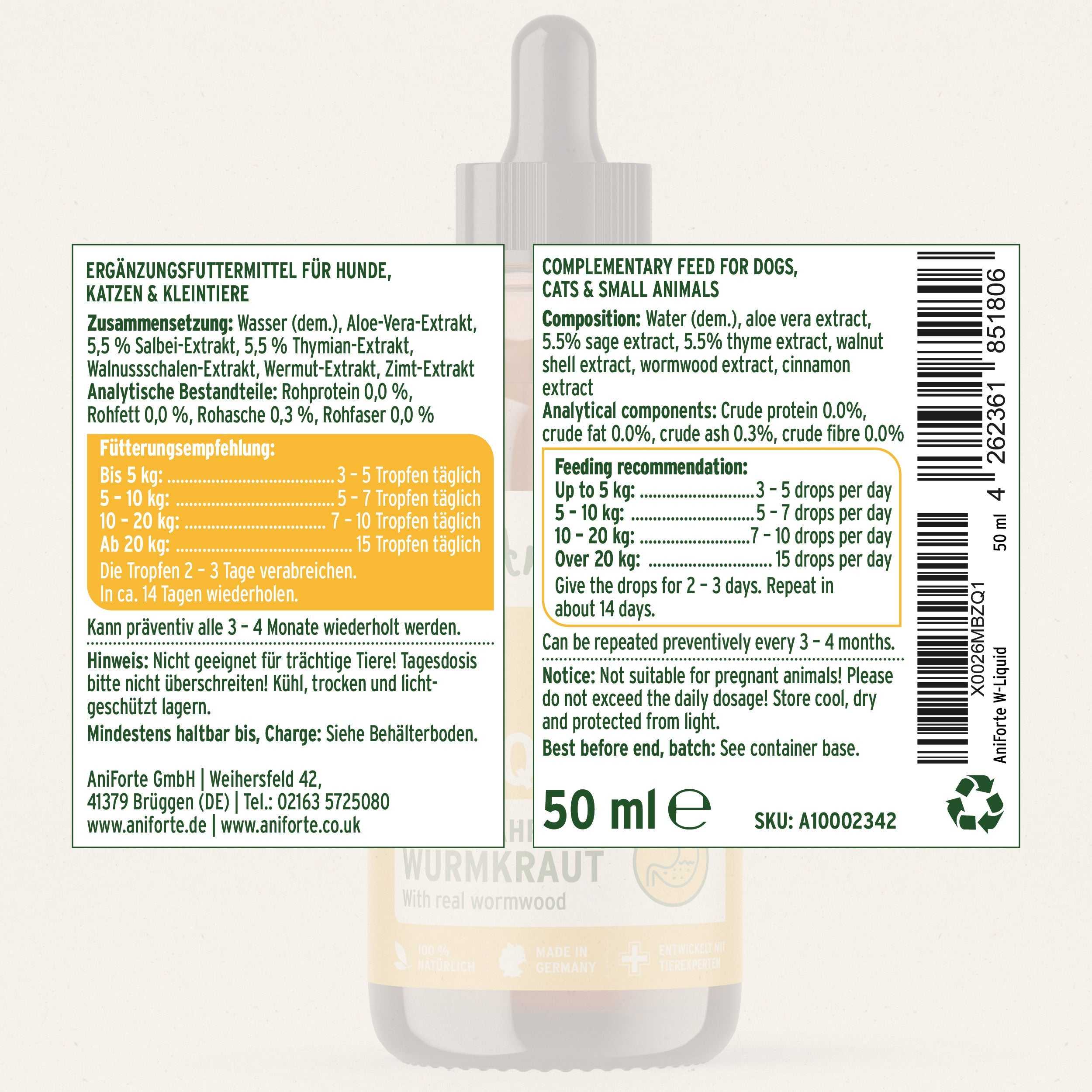 Natürliche Unterstützung für die natürliche Magendarmfunktion von Hunden und Katzen, AniForte® W-Liquid mit Aloe Vera und Kräuterextrakten, 50 ml Flasche.