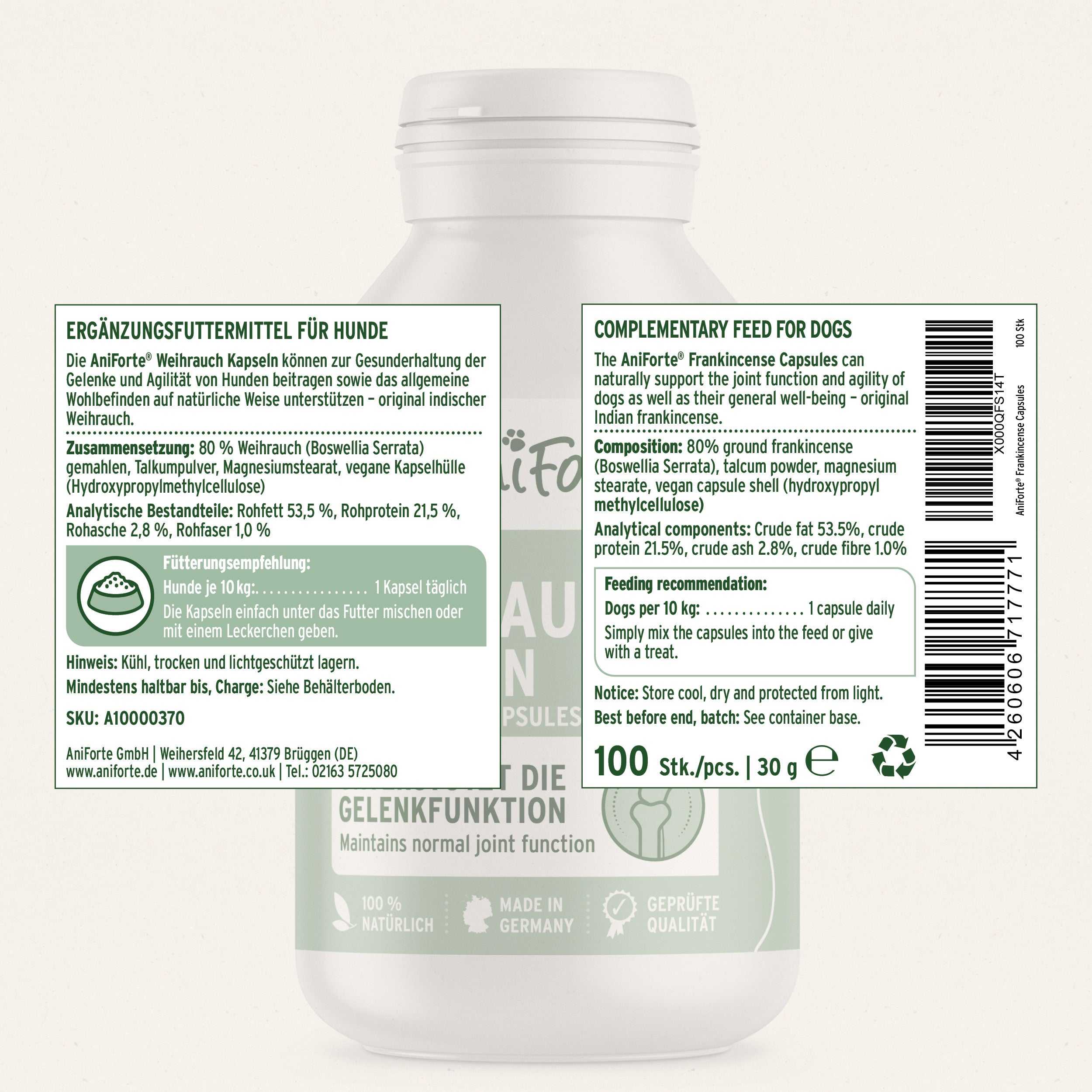 Produktetikett Weihrauch Kapseln für Hunde, natürliches Gelenkpulver, Original indischer Weihrauch, unterstützt Gelenkfunktion und Wohlbefinden.