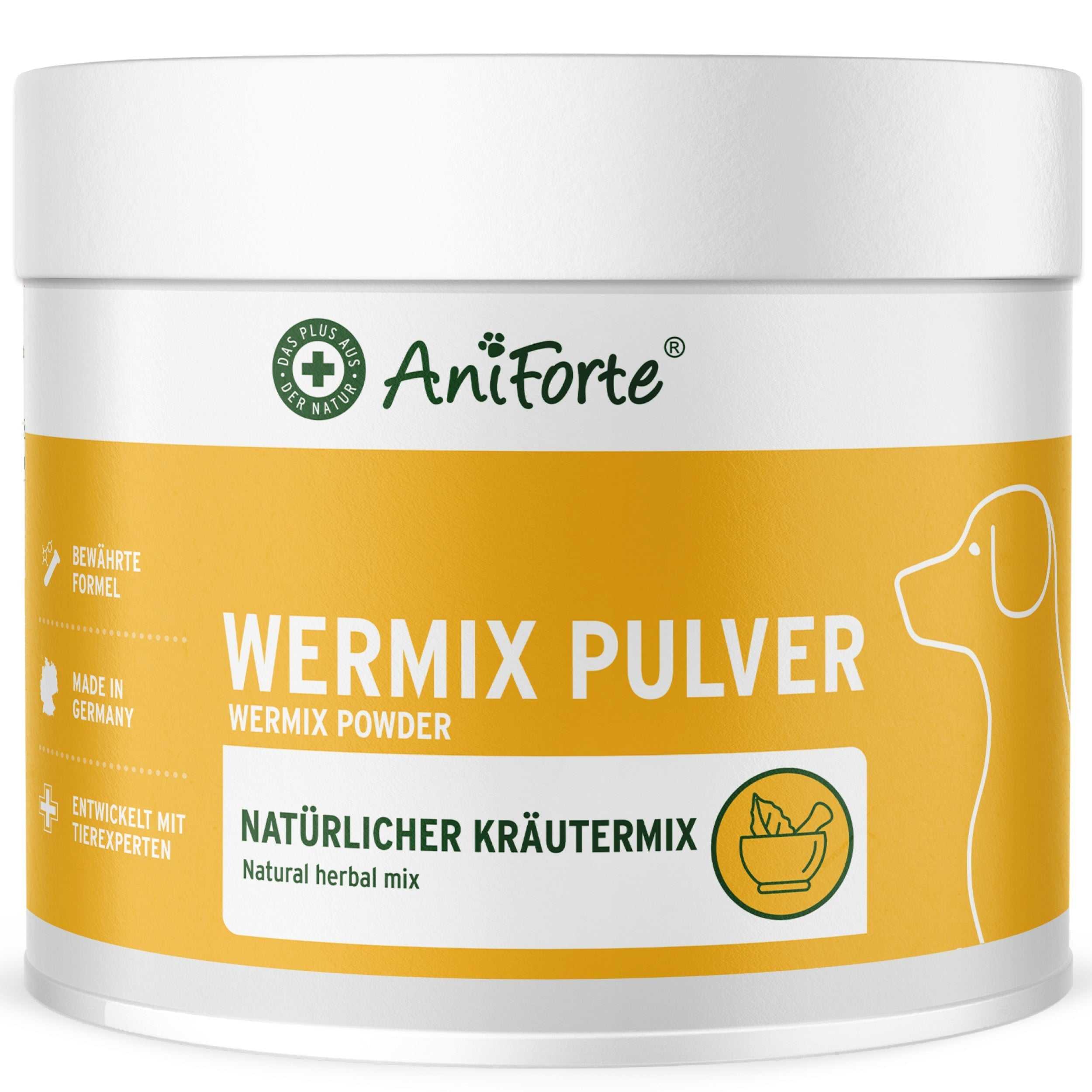 Dose WermiX Pulver für Hunde, natürliche Kräutermischung zur Unterstützung nach Wurmbefall, hochwertige pflanzliche Inhaltsstoffe.