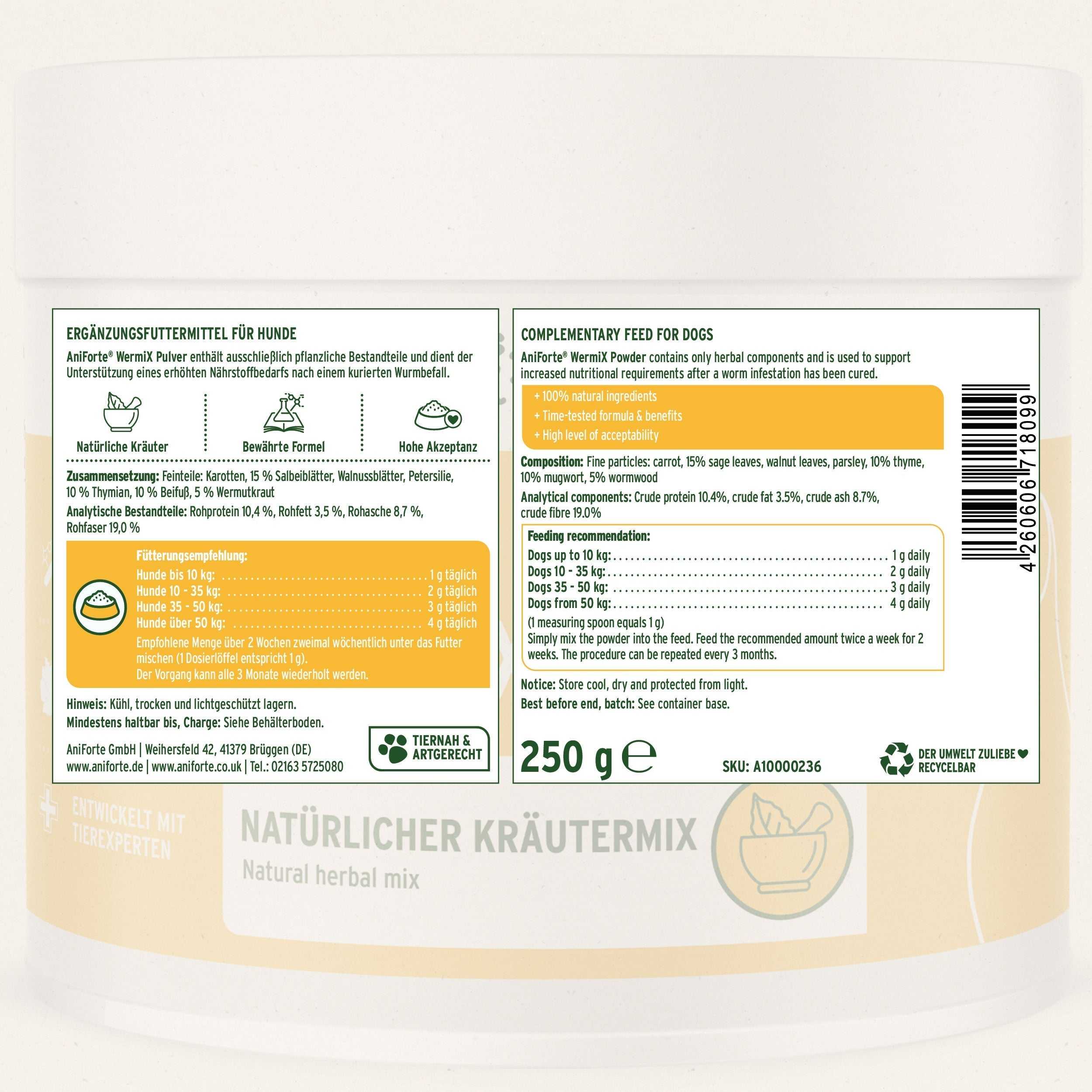 Etikett WermiX Pulver für Hunde, natürliche Kräutermischung zur Nährstoffunterstützung nach Wurmbefall, auf 250 g Packung