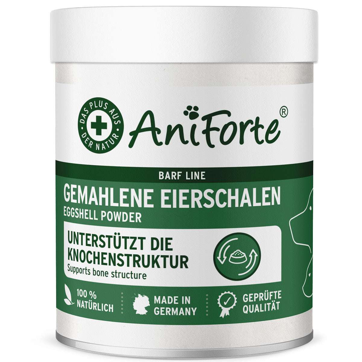 Dose Eierschalenpulver für Hunde und Katzen, natürliche Calciumquelle, unterstützt Knochen und Zähne, geeignet für BARF-Diät, AniForte.