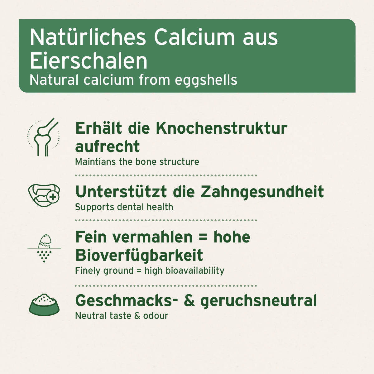 Gemahlene Eierschalen als natürliche Calciumquelle für Hunde und Katzen zur Unterstützung von Knochen- und Zahnstruktur, fein vermahlen und geruchsneutral