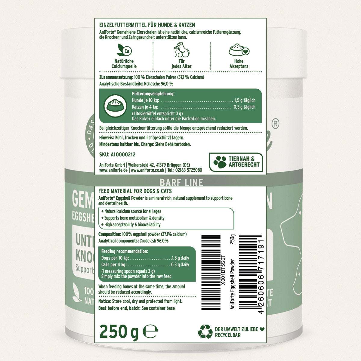 Produktetikett Gemahlene Eierschalen von AniForte, 250g, natürliches Calcium für Hunde und Katzen zur Unterstützung von Knochen und Zähnen.