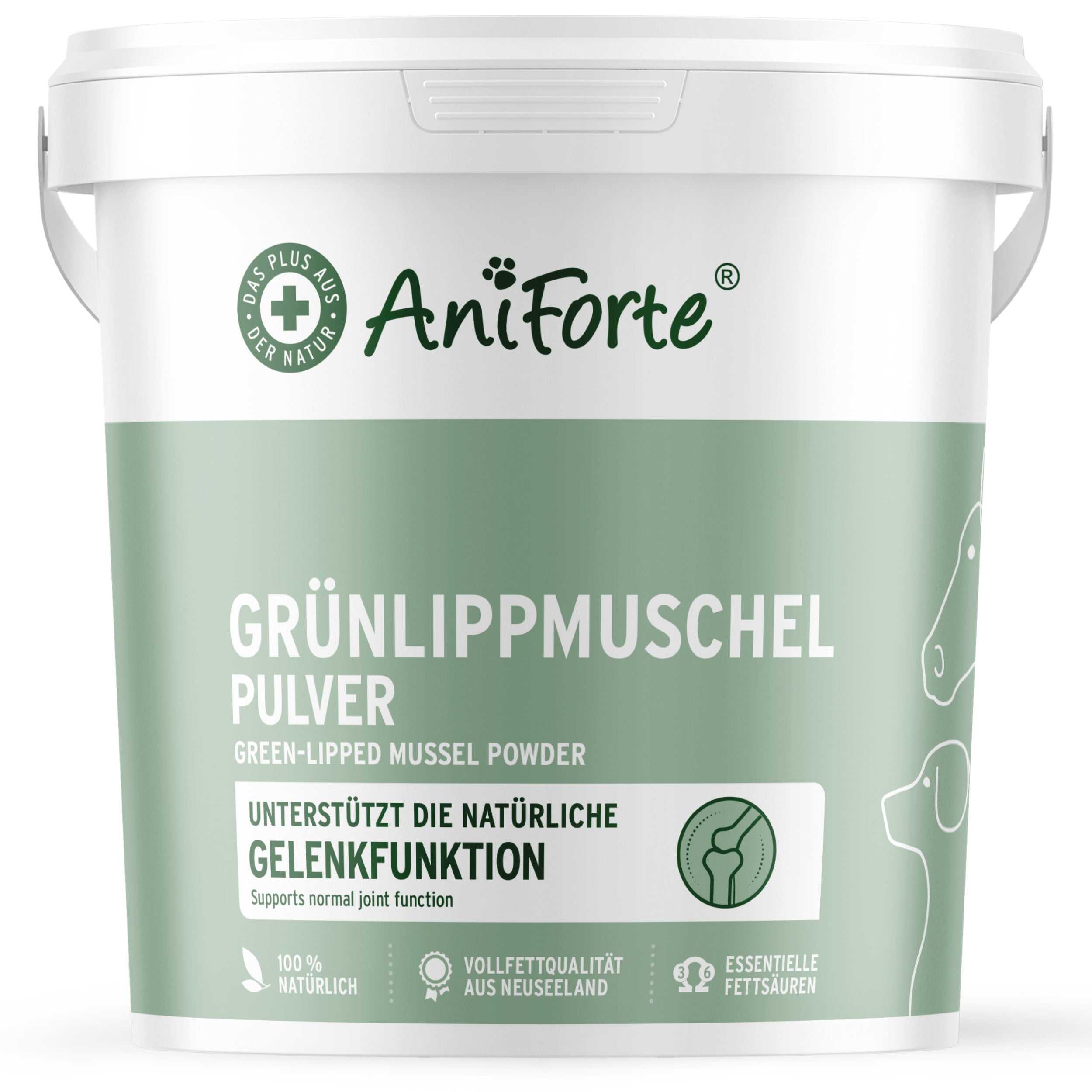 Grünlippmuschel Pulver von AniForte in einer weißen Verpackung zur Unterstützung der Gelenkfunktion von Hund, Katze und Pferd.