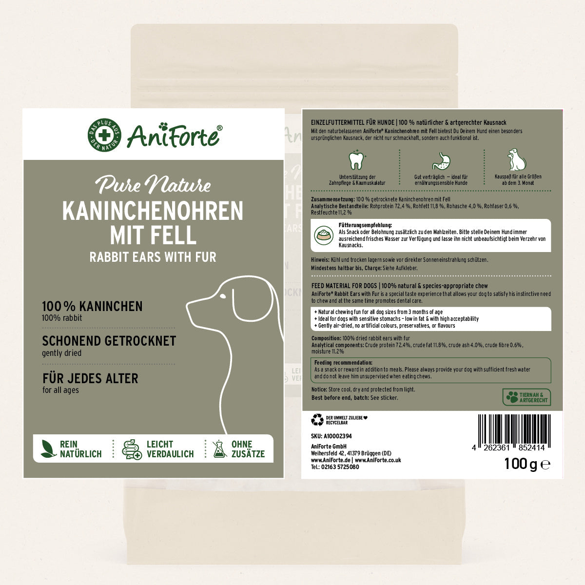 AniForte Kaninchenohren mit Fell als natürlicher Kausnack für Hunde