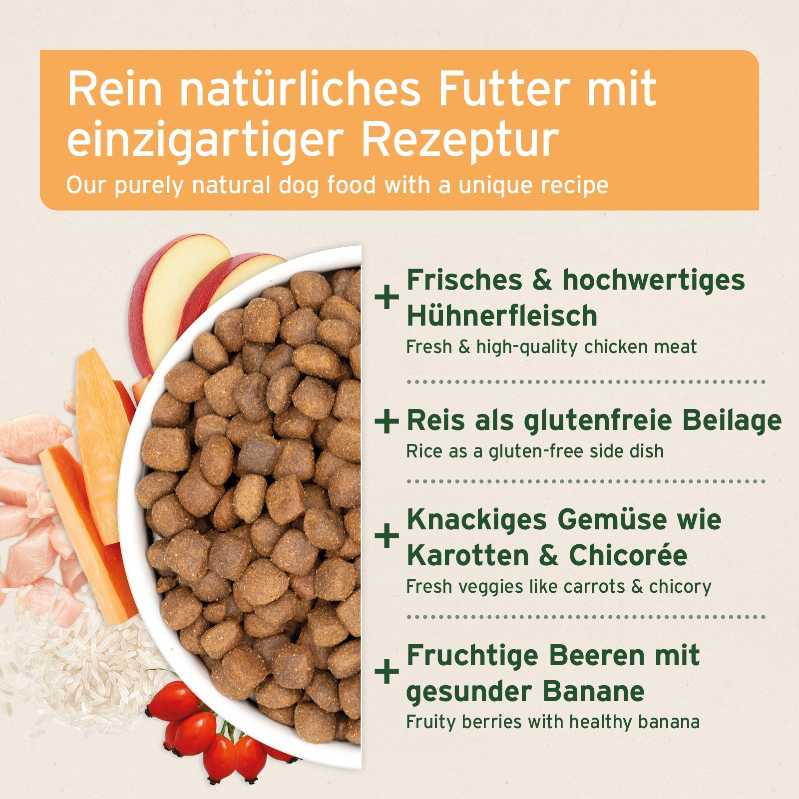 Trockenfutter Huhn mit hochwertigem Hühnerfleisch, glutenfreiem Reis, Karotten, Chicorée und fruchtigen Beeren für empfindliche Hunde
