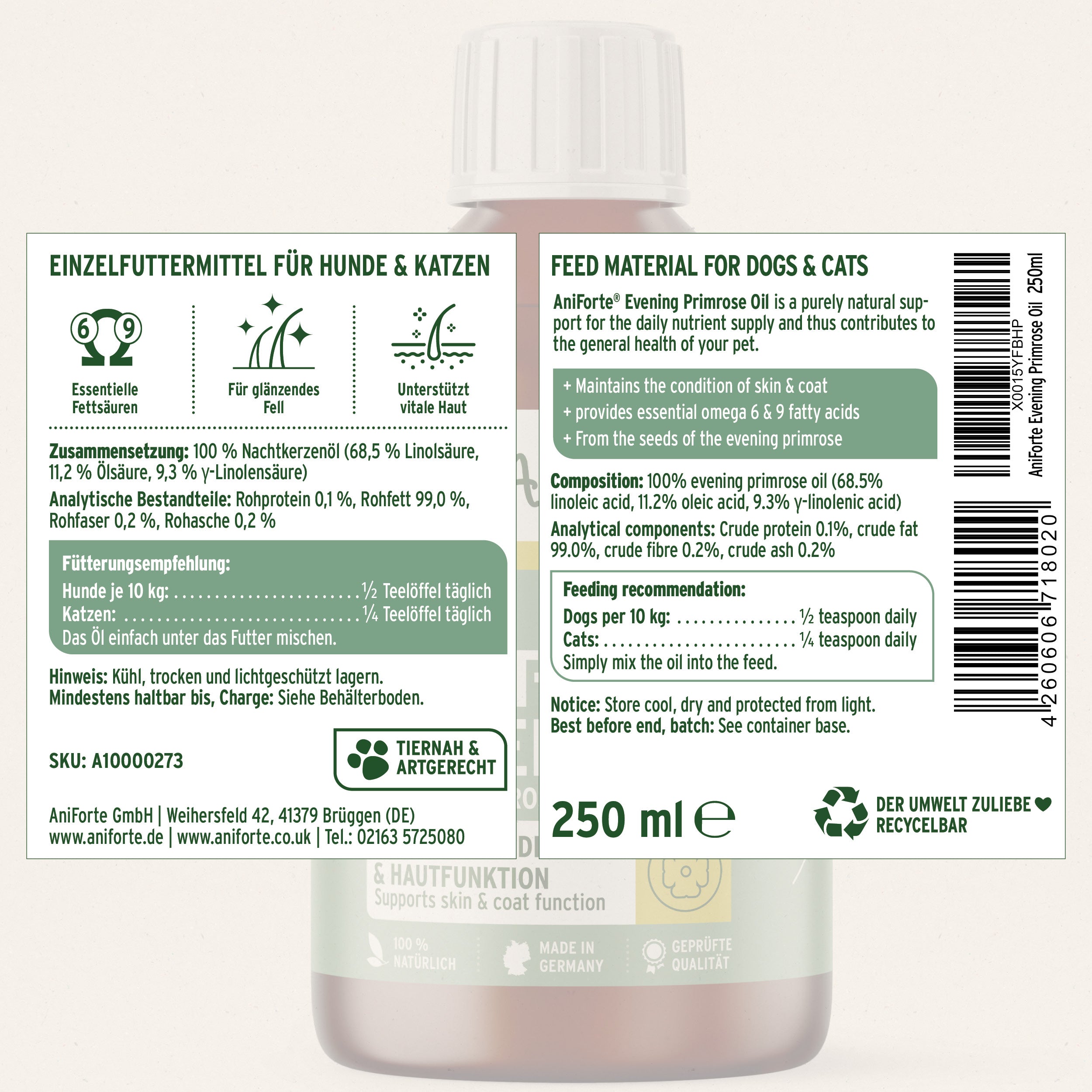 Nachtkerzenöl für Hunde und Katzen mit essenziellen Omega-Fettsäuren zur Haut- und Fellpflege, natürliche Unterstützung der Hautgesundheit.