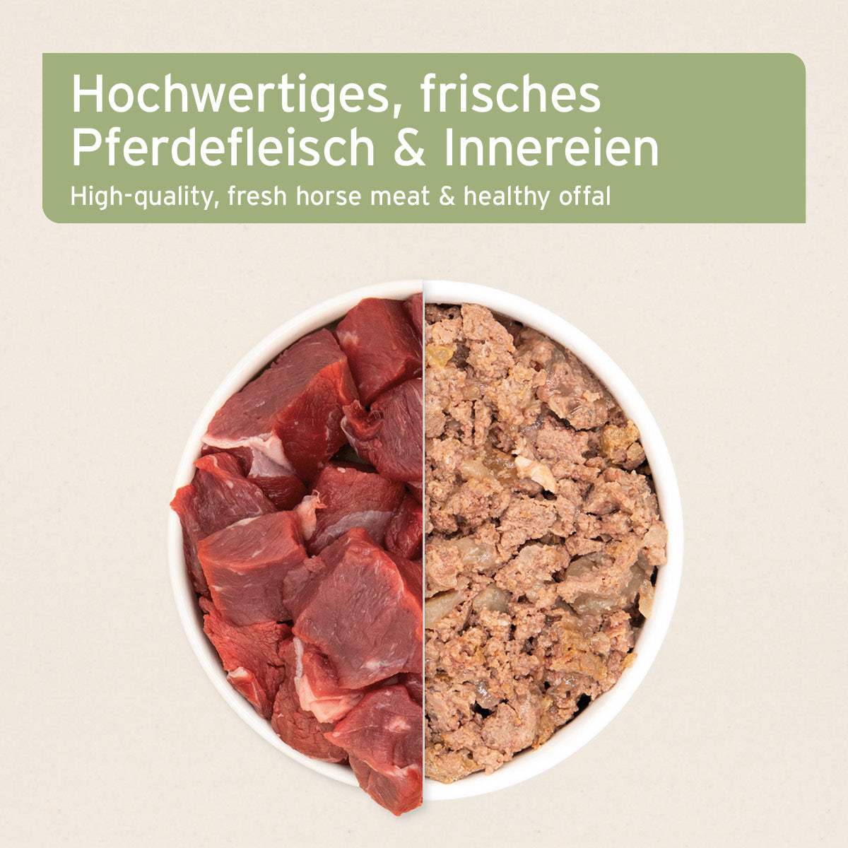 Hochwertiges Nassfutter für Hunde mit frischem Pferdefleisch und Innereien.