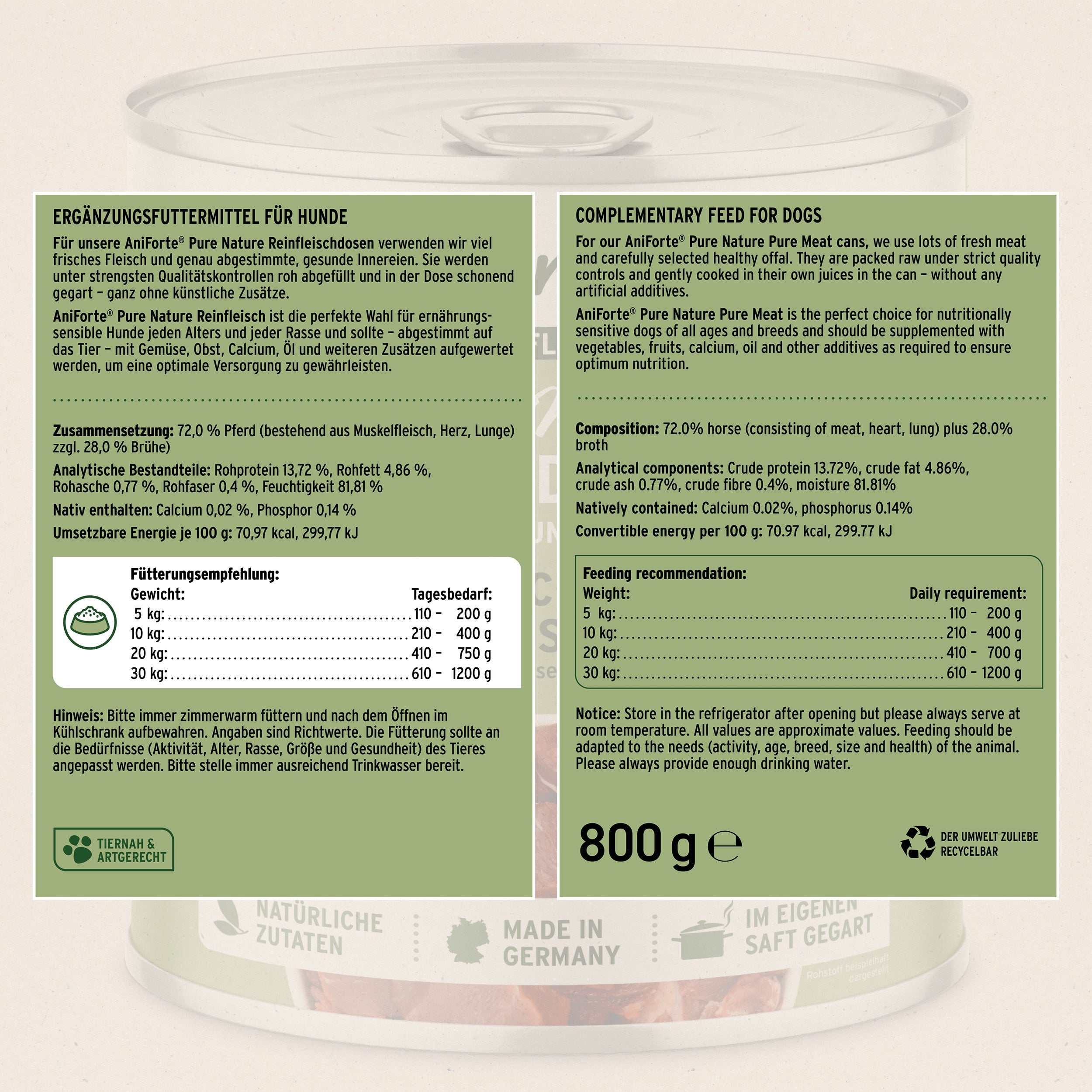 Etikett von Nassfutter "Pferd Pur" für Hunde, getreidefrei, glutenfrei, 800g, AniForte® Pure Nature, Single-Protein, Super-Premium-Qualität, hergestellt in Deutschland.