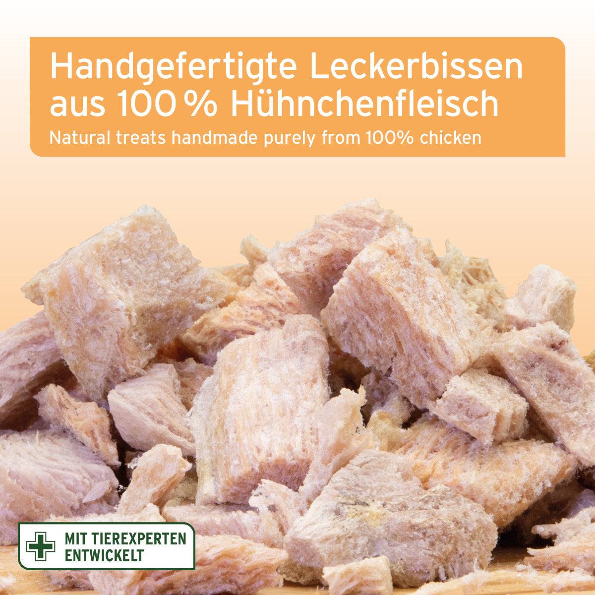 Gefriergetrocknete Hühnchen-Snacks für Katzen, 100% natürlich, ohne Zusätze, ideal als Belohnung.