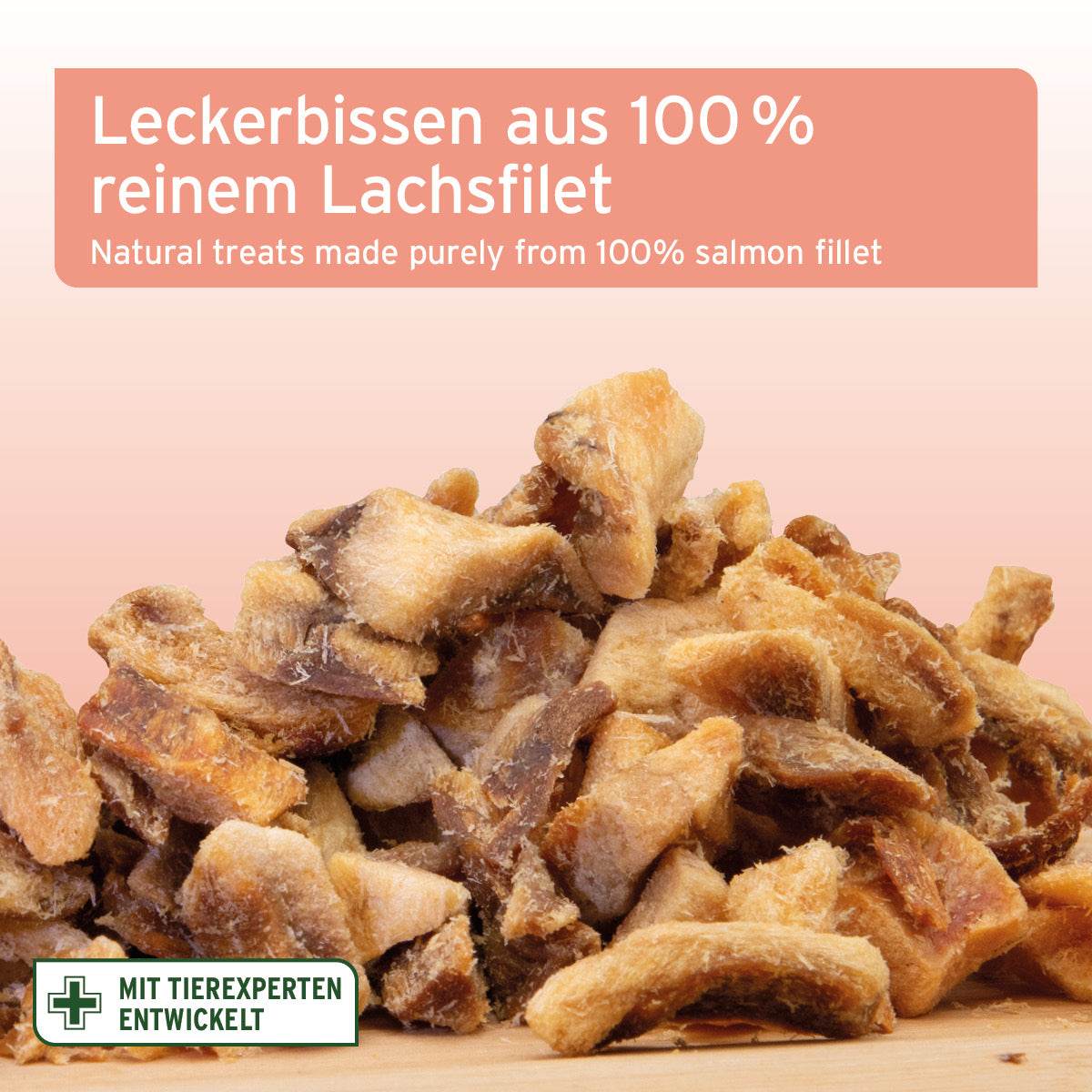 Gefriergetrocknete Lachsstücke für Katzen aus 100 % reinem Lachsfilet, ideal als Snack, artgerecht und natürlich.