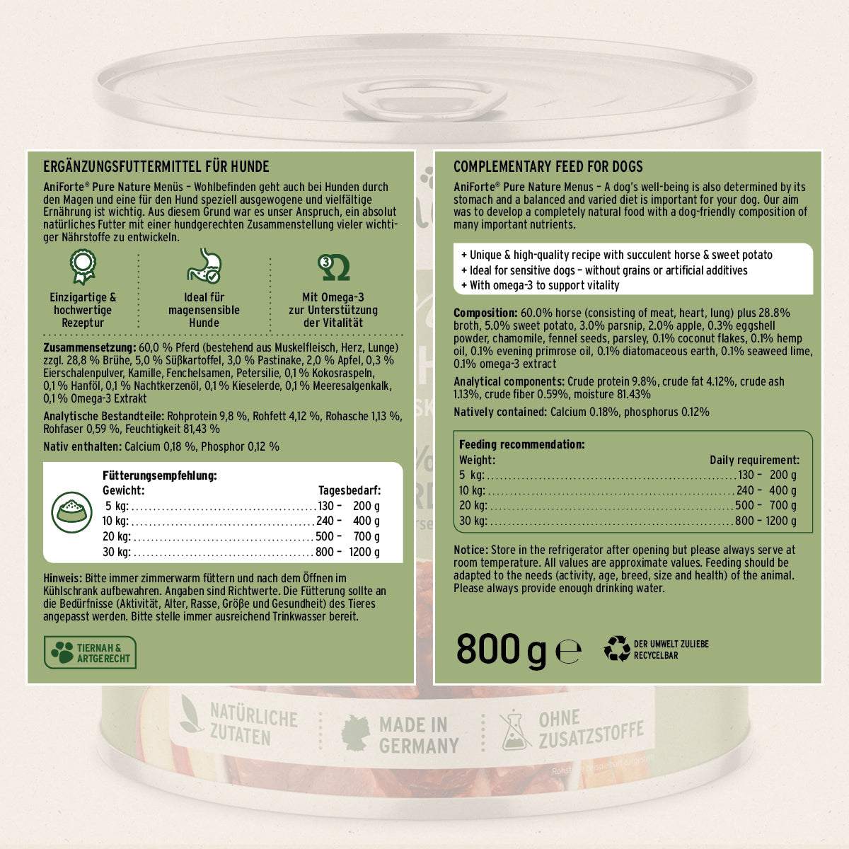 Produktetikett Nassfutter RanchHorse für Hunde mit Pferdefleisch, Süßkartoffeln und Äpfeln, 800g Dose.