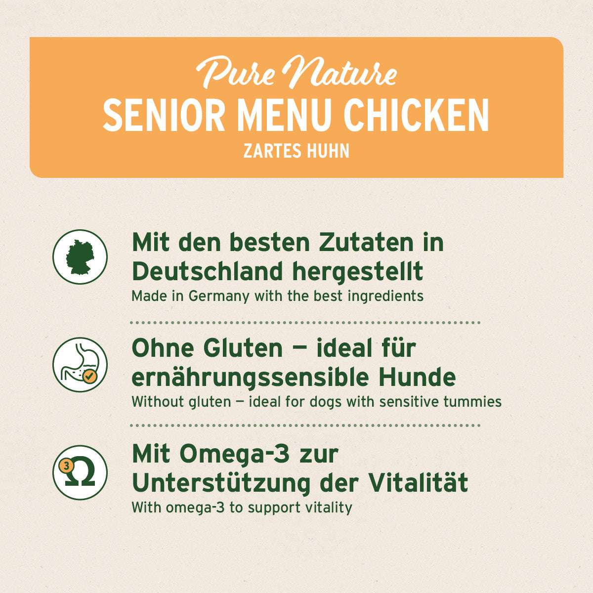 Piktogramme zur Darstellung; Hochwertiges, glutenfreies Hundefutter mit Huhn, Möhren und Reis, ideal für ältere Hunde.