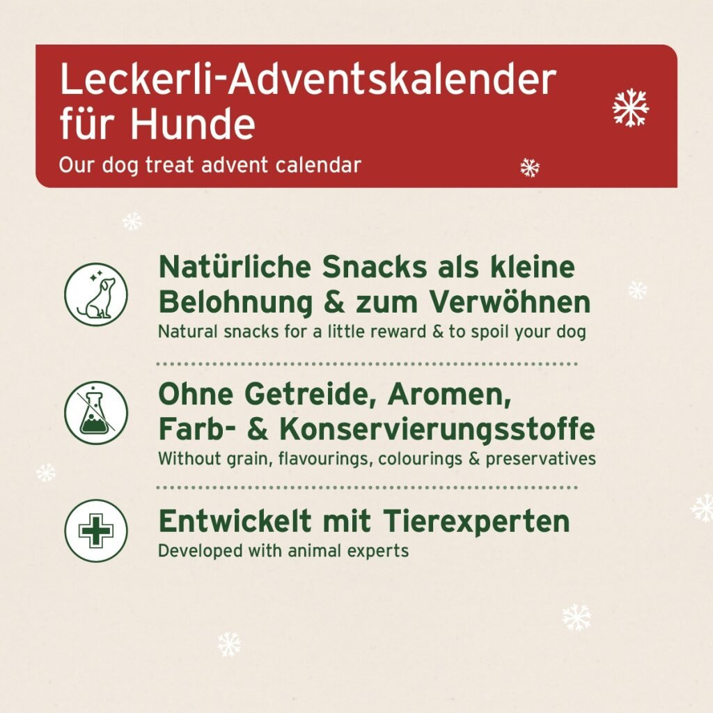 Adventskalender für Hunde mit natürlichen, getreidefreien Snacks ohne Zusatzstoffe, entwickelt mit Tierexperten, 2025.
