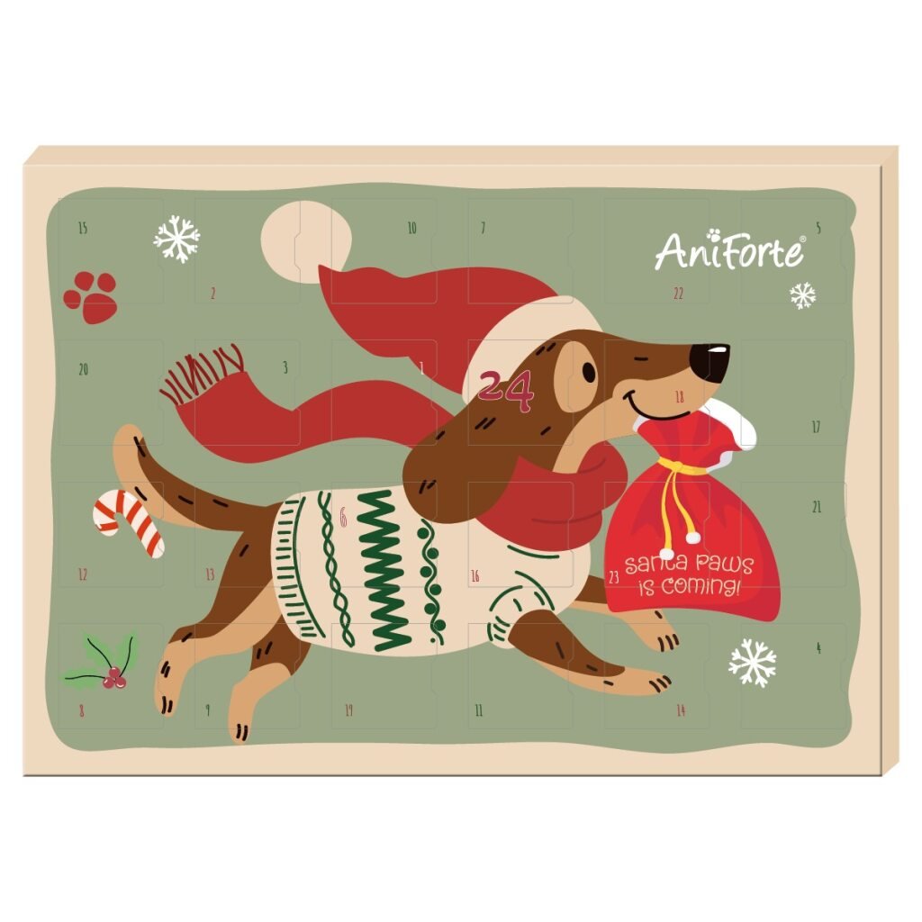 AniForte Adventskalender für Hunde mit natürlichen Snacks und Leckereien, festliches Design mit Hundemotiv