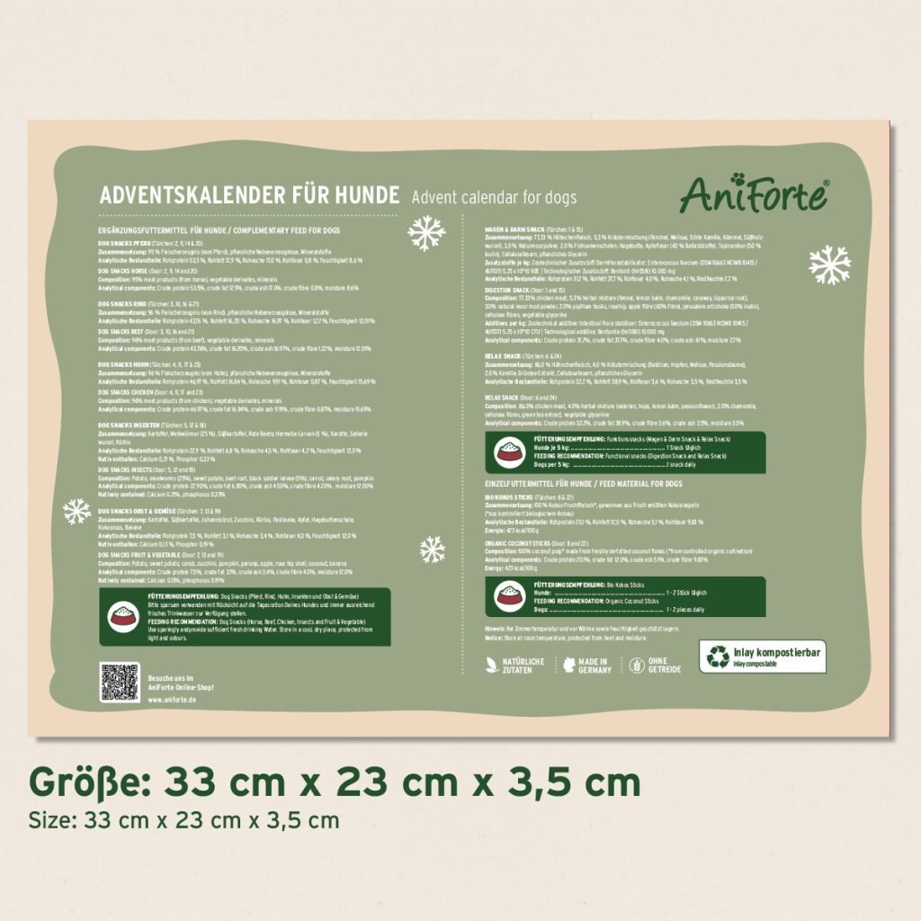 AniForte Adventskalender für Hunde mit natürlichen Snacks und probiotischen Leckereien, 33x23x3,5 cm