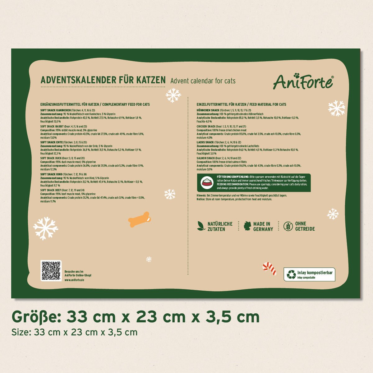 Adventskalender 2025 für Katzen mit natürlichen Snacks und hochwertiger Qualität, Größe 33 x 23 x 3,5 cm