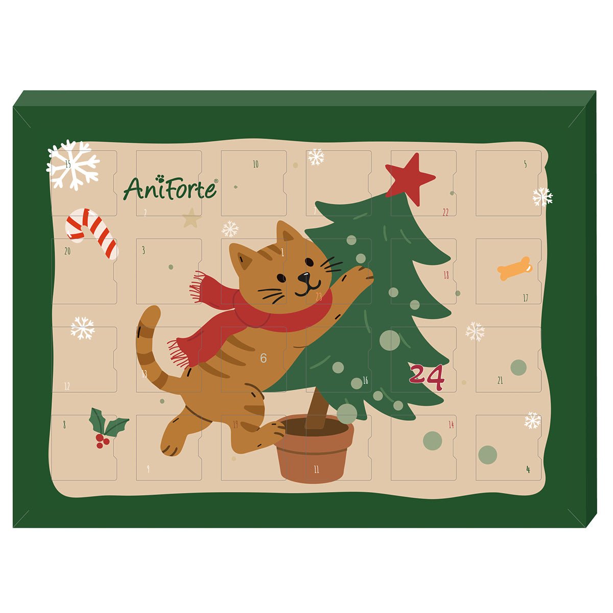 AniForte Adventskalender 2025 für Katzen mit 24 natürlichen Snacks und weihnachtlichem Design